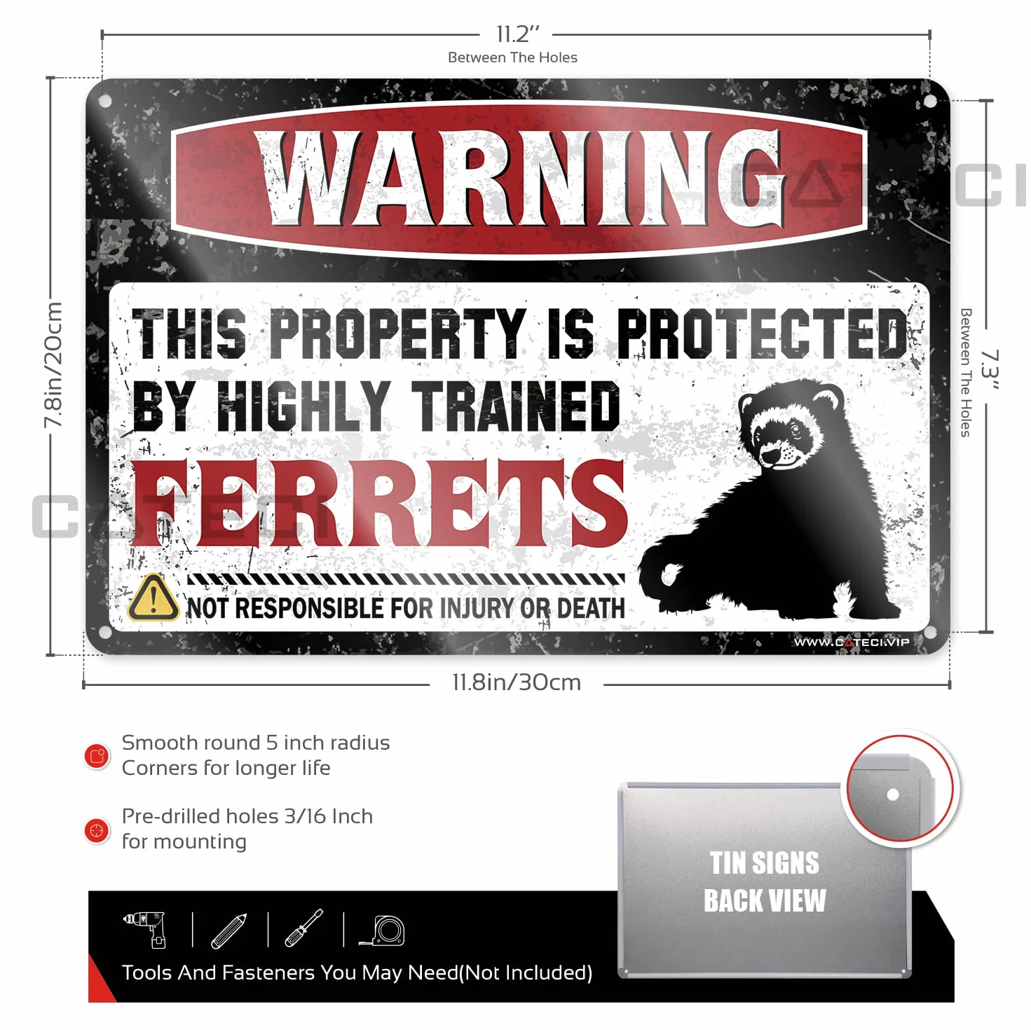 COTECI 'Warning This Property is Protected by a Highly Trained Ferrets' blaszany znak uważaj na Halloween dekoracja łazienki 30 x 40 cm