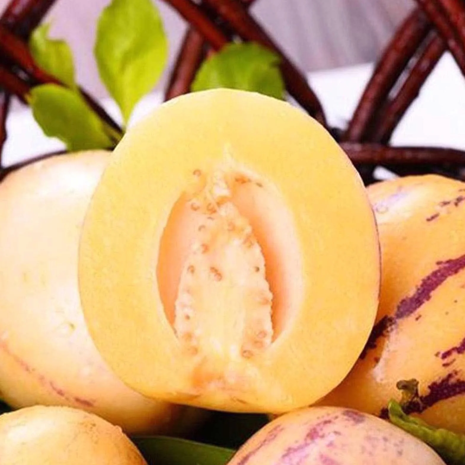 Generic Nasiona Melona Pepino, 30 Sztuk/worek Nasiona Melona Pepino Non Gmo Łatwa Pielęgnacja Pożywne Muricatum Aiton Nasiona Żeń-szeń Nasiona Owoców do Ogrodu Nasiona melona pepino