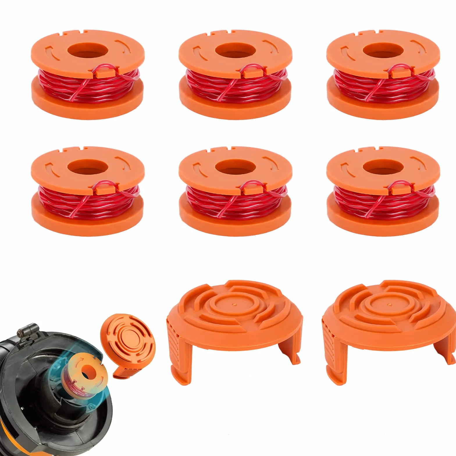 WA0004.1 zestaw 6 żyłek do podkaszarki do trawy WORX 20 V (6 x 3 m długości, średnica żyłki Ø 1,65 mm) + 2 x nasadki (6 sztuk)