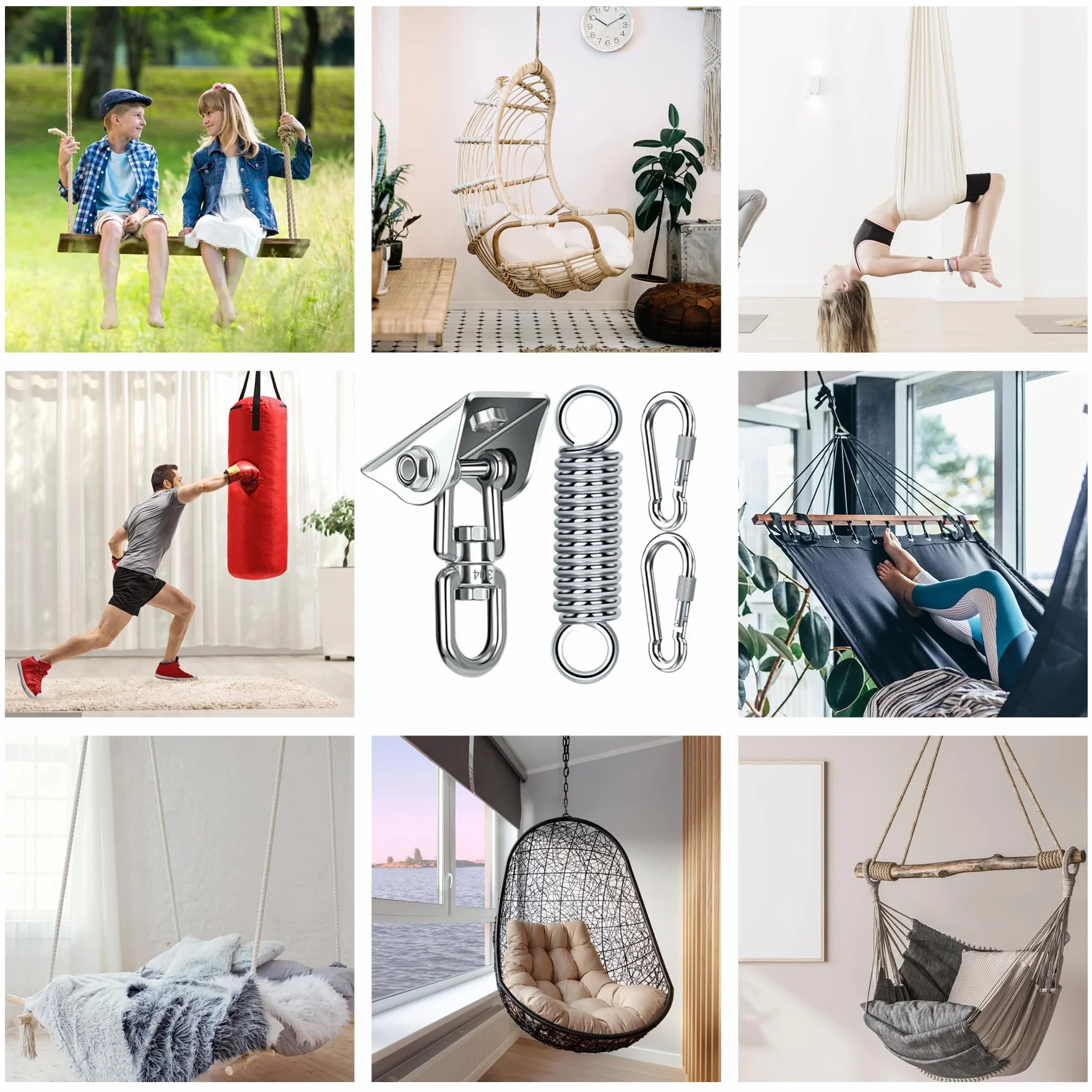 Hak sufitowy, fotel wiszący, sprężyna uchylna, obracany o 360°, do dużych obciążeń, stal nierdzewna, uchwyt sufitowy, do 450 kg, hak do worka bokserskiego, uchwyt z 2 karabińczykami, do hamaka