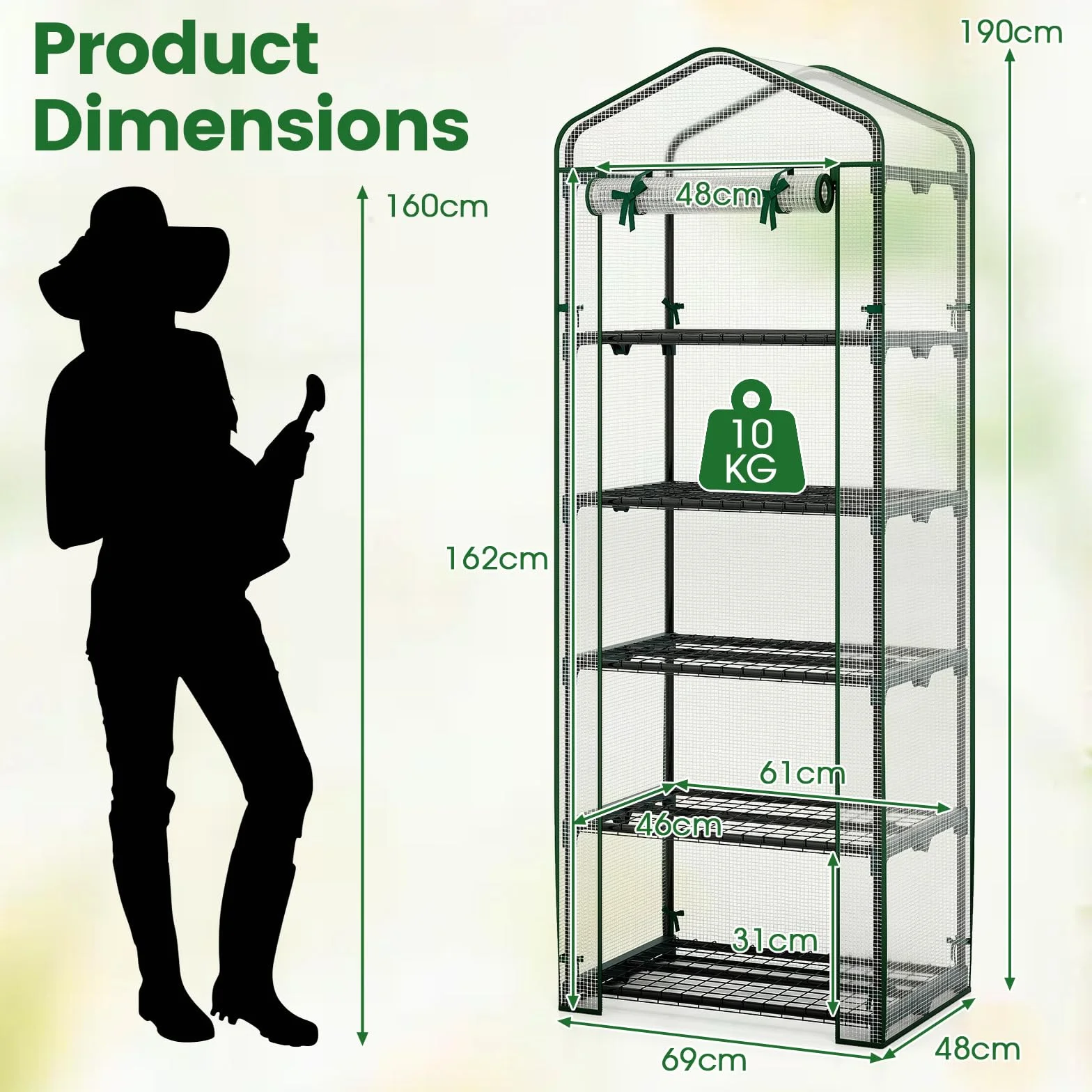COSTWAY Szklarnia metalowa 5 półek 69x48x190 cm zielona