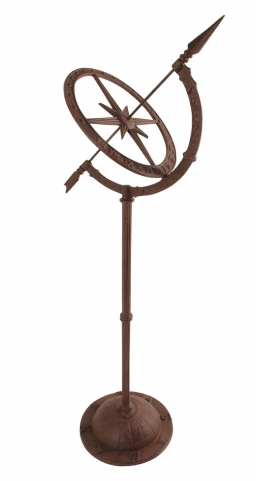 Esschert Design Zegar słoneczny z wysoką podstawą w stylu antycznym z czerwonawego żeliwa, okrągły, ok. 32 cm x 25 cm x 93 cm