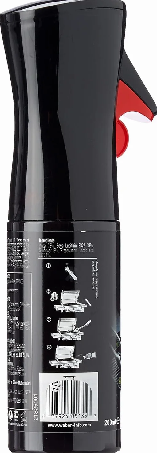 Weber Spray zapobiegający przywieraniu 200ml, Spray Nieprzywierający do Rusztu Grillowego, 100% Naturalne Składniki, do Natłuszczania Rusztu Grillowego (17685)