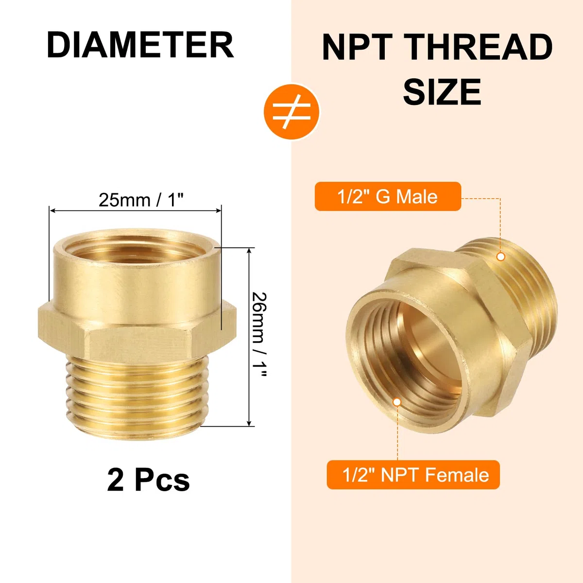 QUARKZMAN 2 szt. Mosiężne złącze węża, 1/2" NPT żeńskie x 1/2" G męskie mosiężne sześciokątne złącze węża, adapter do węża 1/2" do 1/2" żeński z PTFE, złoty odcień