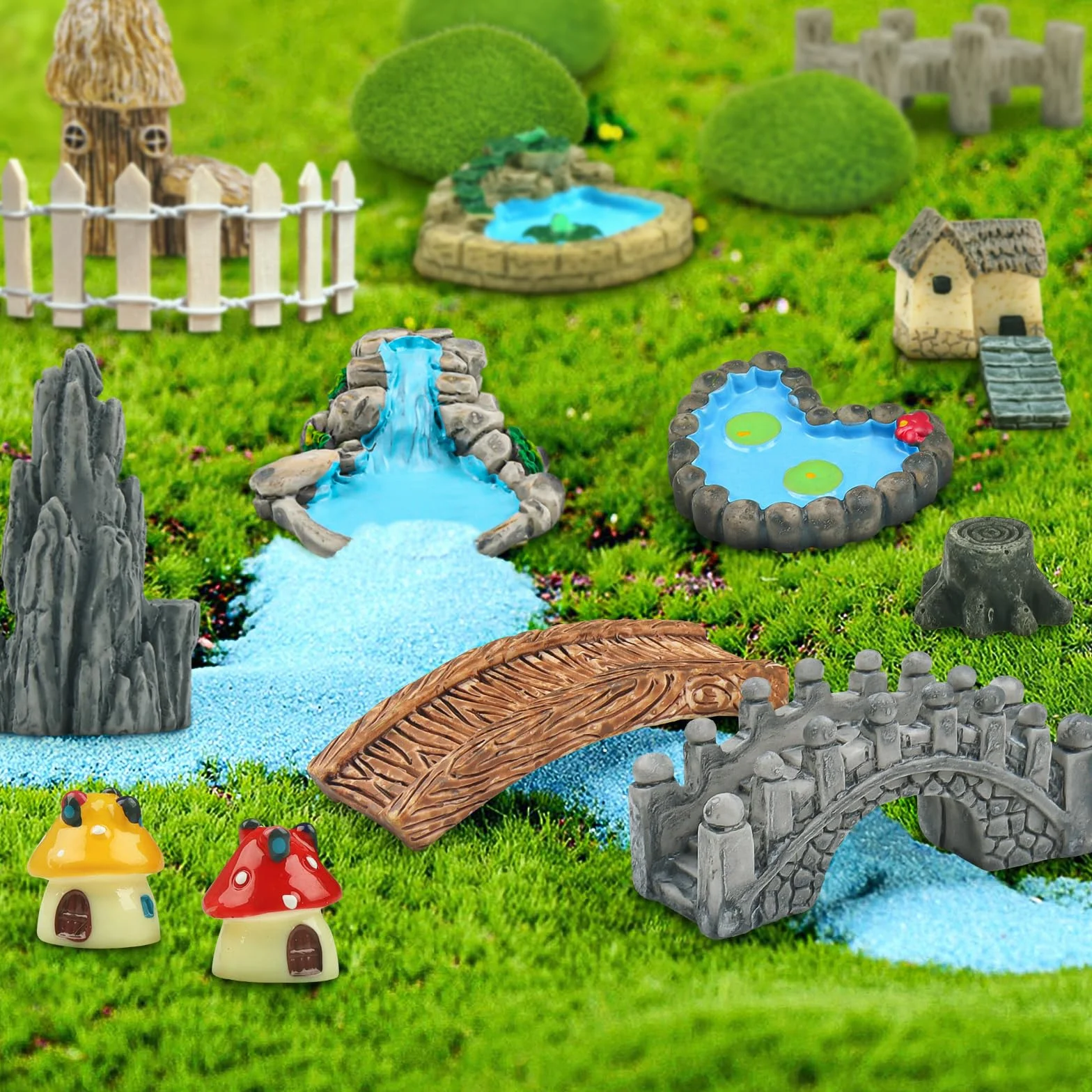 QUOZUO Miniatury ogrodowe, most, dom, krajobraz, studnia, ogrodzenie, figurki, staw, grzyb, trawnik, ozdoba do majsterkowania, sukulentów, 21 szt
