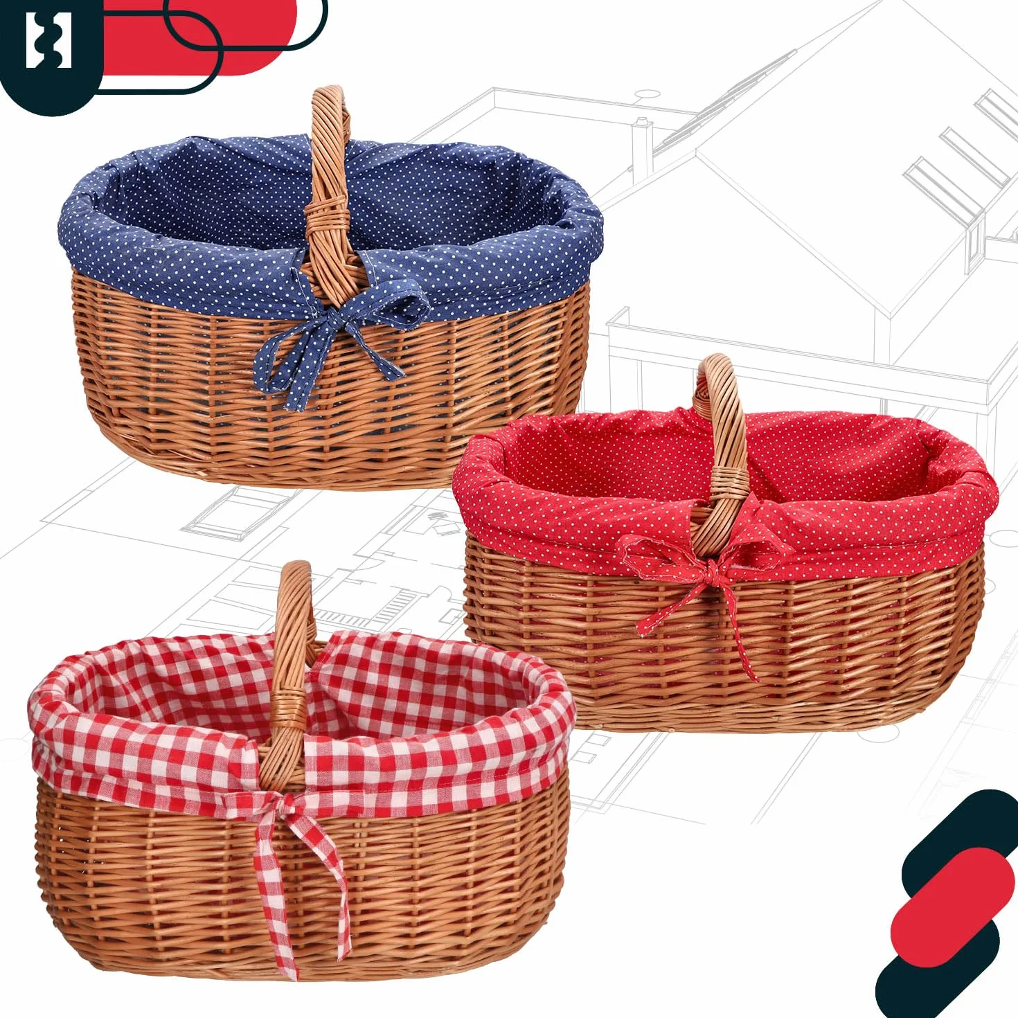 KOTARBAU® Kosz Wiklinowy na Zakupy - 46 x 32 x 43 cm - Koszyk Piknikowy - Kosz na Grzyby - Koszyk Wielkanocny - Owalny - Czerwona Wyściółka - Wkład - Obszycie Krata