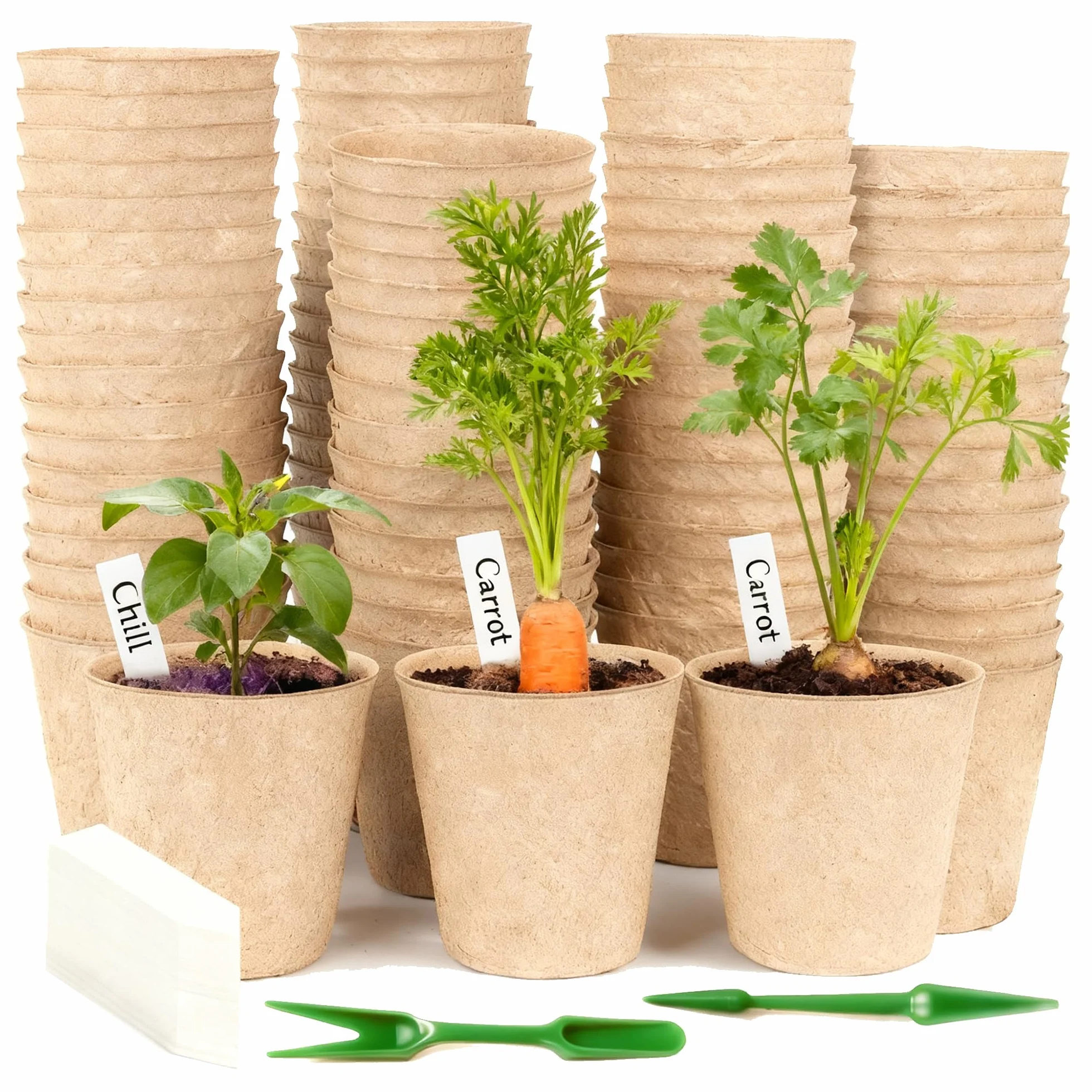 Biodegradowalne doniczki, 100 doniczek sadzonek o średnicy 8 cm, 100 etykiet na rośliny + 2 narzędzia do przesadzania, odpowiednie do szklarni, ogrodów i ogródków warzywnych.