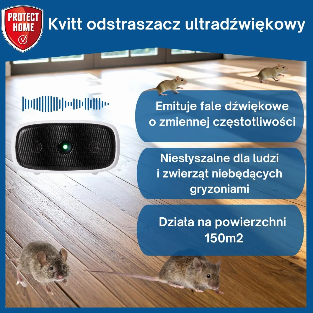 Kvitt Ultradźwiękowy Odstraszacz Gryzoni – Wtykany Odstraszacz Myszy i Szczurów, Zasięg do 150 m², Humanitarna Ochrona przed Szkodnikami, Bez Chemikaliów, Kompaktowy Biały Design