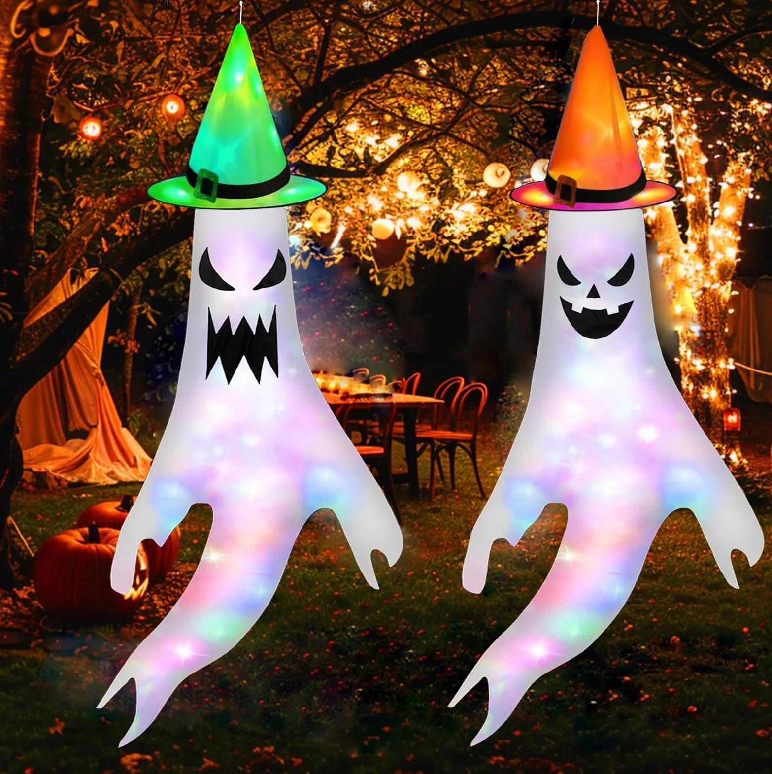 Ghost Windsocks - 2 szt. halloweenowe dekoracje ogrodowe ze światłem i kapeluszem czarownicy, wisząca flaga na podwórko do wewnątrz, patio, trawnik, nawiedzony dom, dekoracja na Halloween na zewnątrz