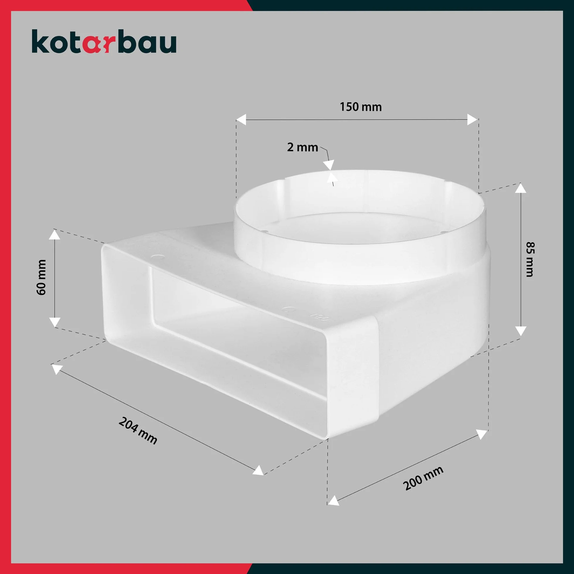 KOTARBAU® Kolano łącznikowe do kanału płaskiego 204 x 60 mm z okrągłym otworem ⌀ 150 mm Biały Plastik