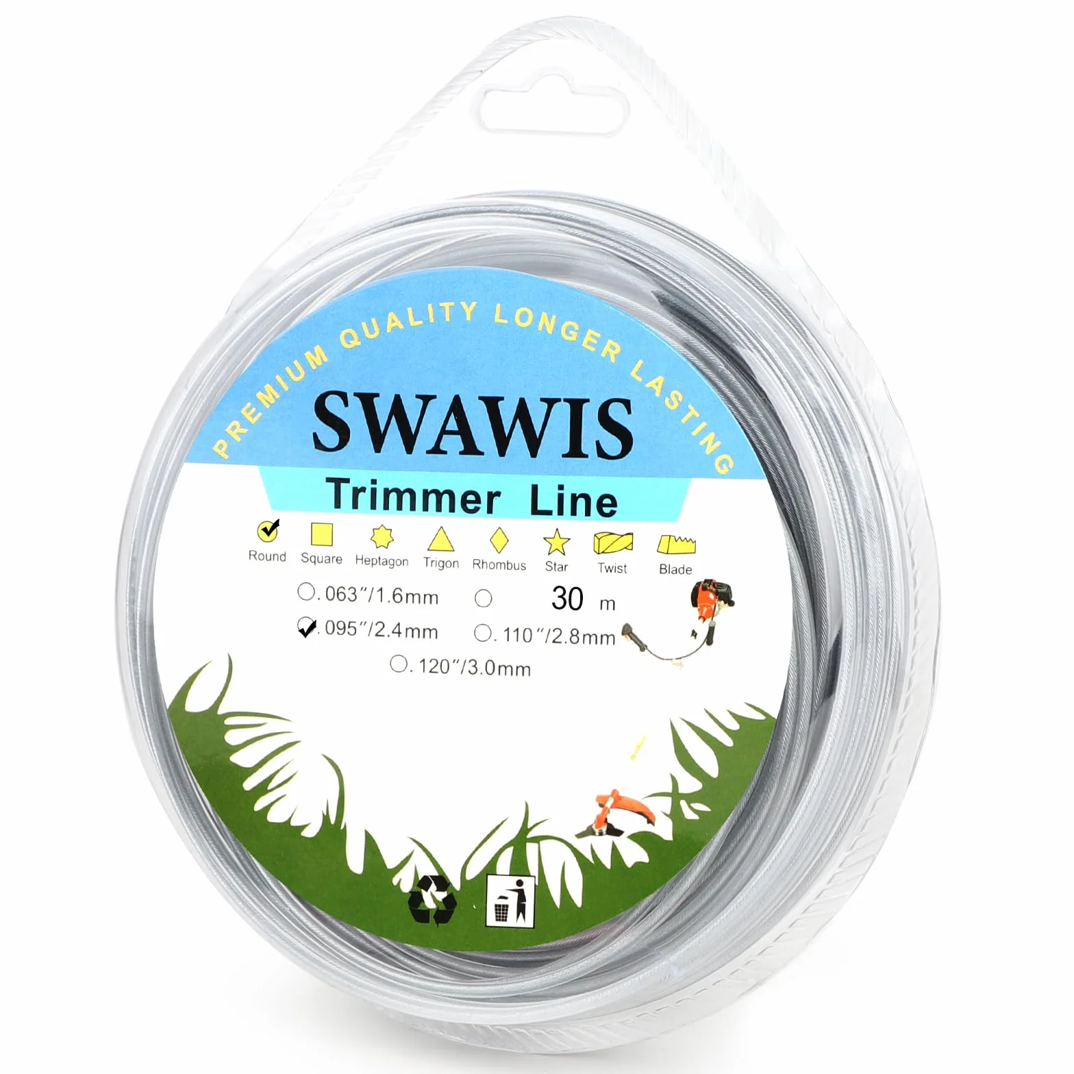 SWAWIS Żyłka do podkaszarki, drut stalowy, 2,4 mm x 30 m, żyłka do podkaszarki trawy, żyłka nylonowa, do podkaszarki spalinowej, do trawników lub ogrodu