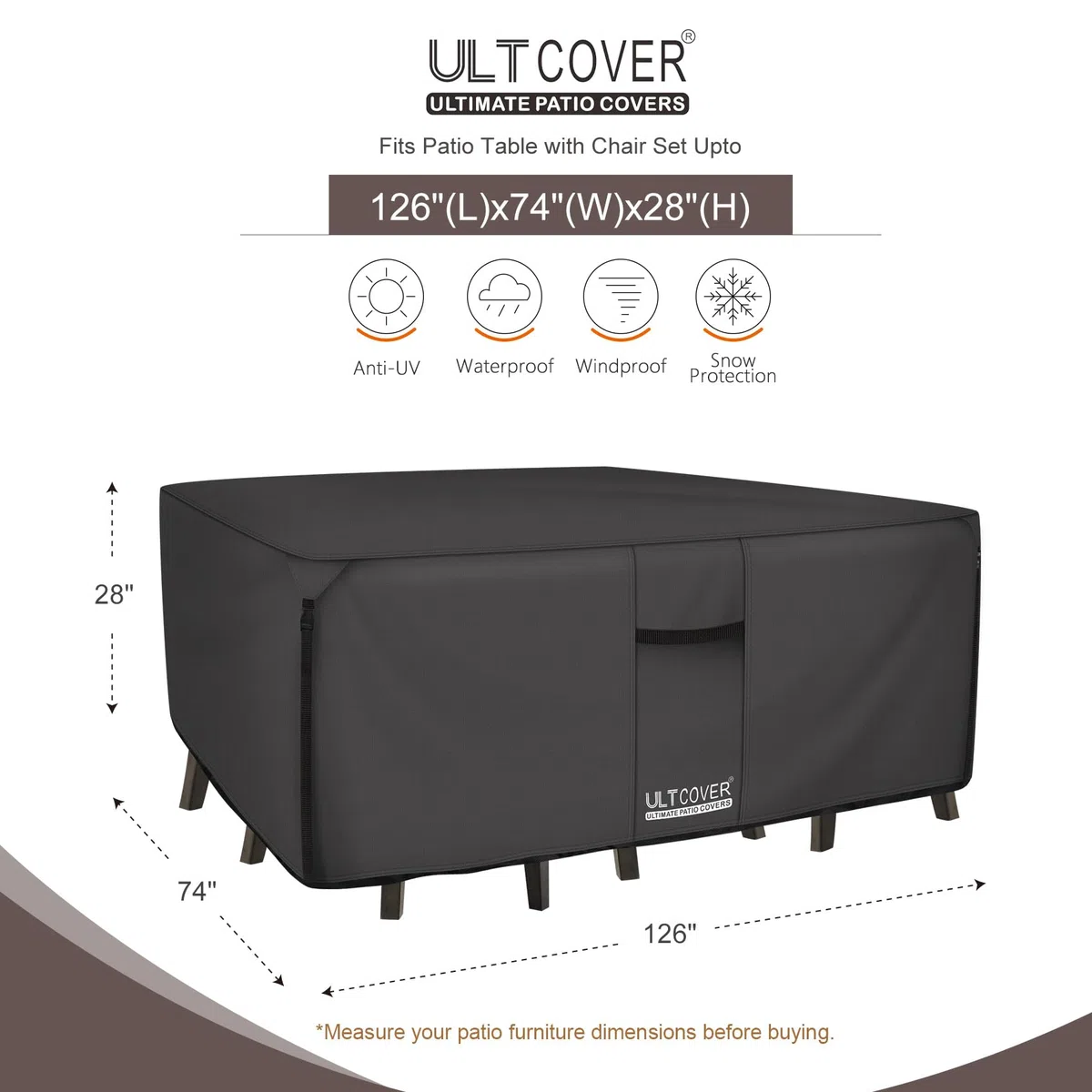 ULTCOVER 600D wytrzymały prostokątny pokrowiec na stół i krzesła na patio, wodoodporny, do mebli ogólnego użytku na zewnątrz, długość 320 cm x szerokość 188 cm x wysokość 71 cm, czarny