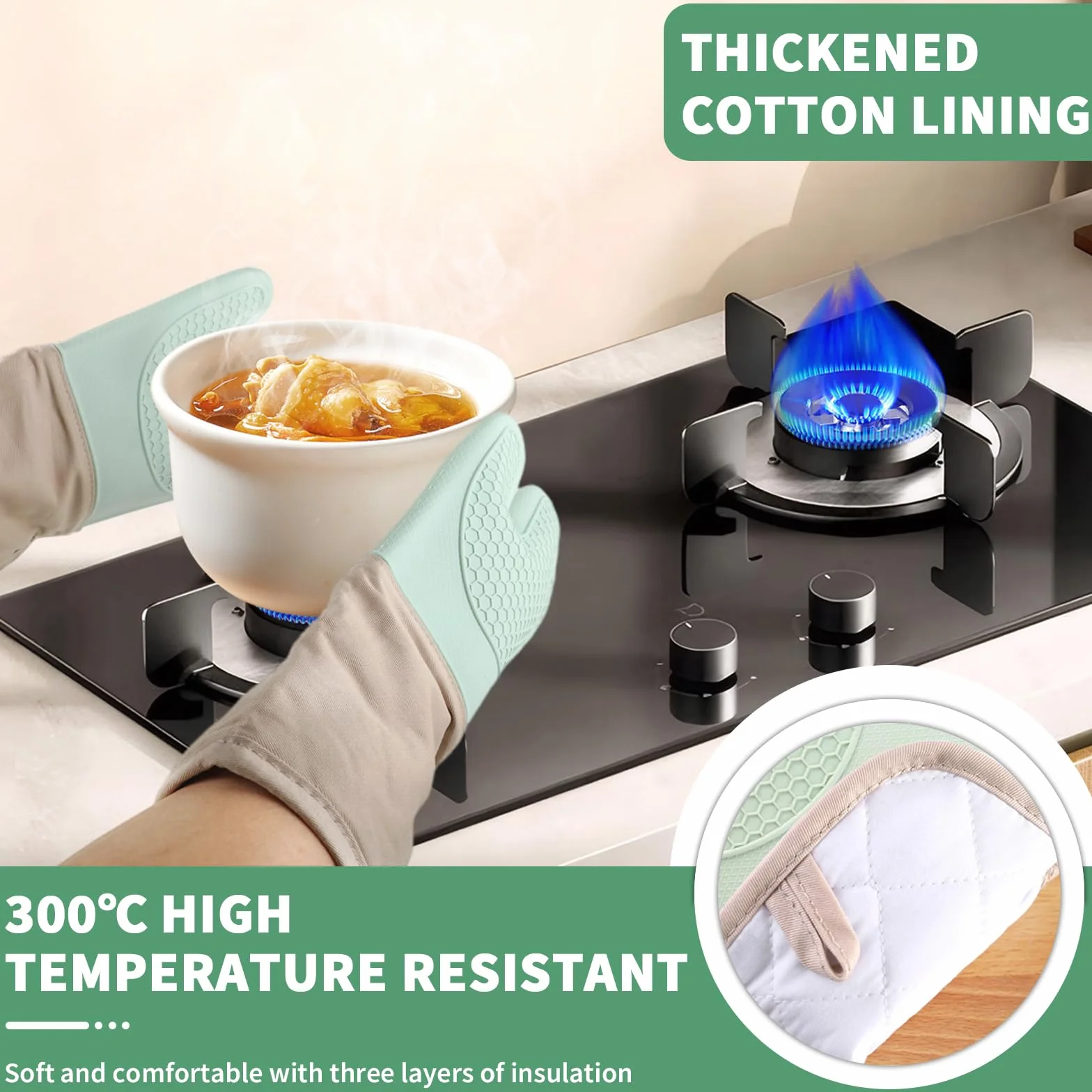 Rękawice do Piekarnika - Ofenhandschuhe Silikon 6er Set – Hitzebeständige Handschuhe in Mintgrün für sicheres Kochen, Backen und Grillen. Mit Baumwolle und Silikon, für optimalen Schutz in der Küche