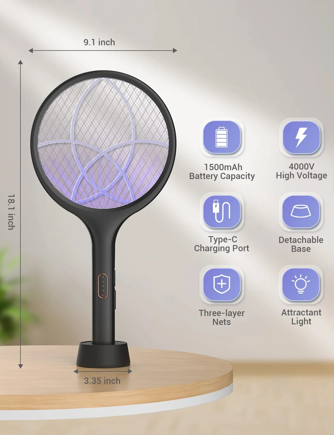 YISSVIC Elektryczna łapka na komary Extra Strong 4000 V 2 w 1 USB C z akumulatorem Akumulatorowa ze stabilną podstawą pułapką na światło UV Przeciw komarom Muchom Czarny
