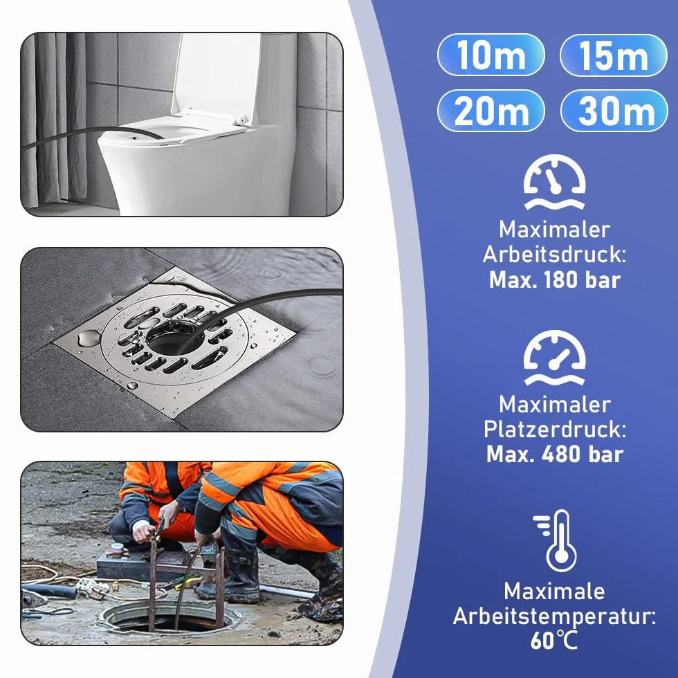 Wąż do czyszczenia rur 30 m, zestaw do czyszczenia rur K2, K3, K4, K5, K6, K7, 180 bar, 60 °C, zestaw do czyszczenia rur, w zestawie torba, sztywne dysze, środek do czyszczenia odpływów, wąż odpływowy