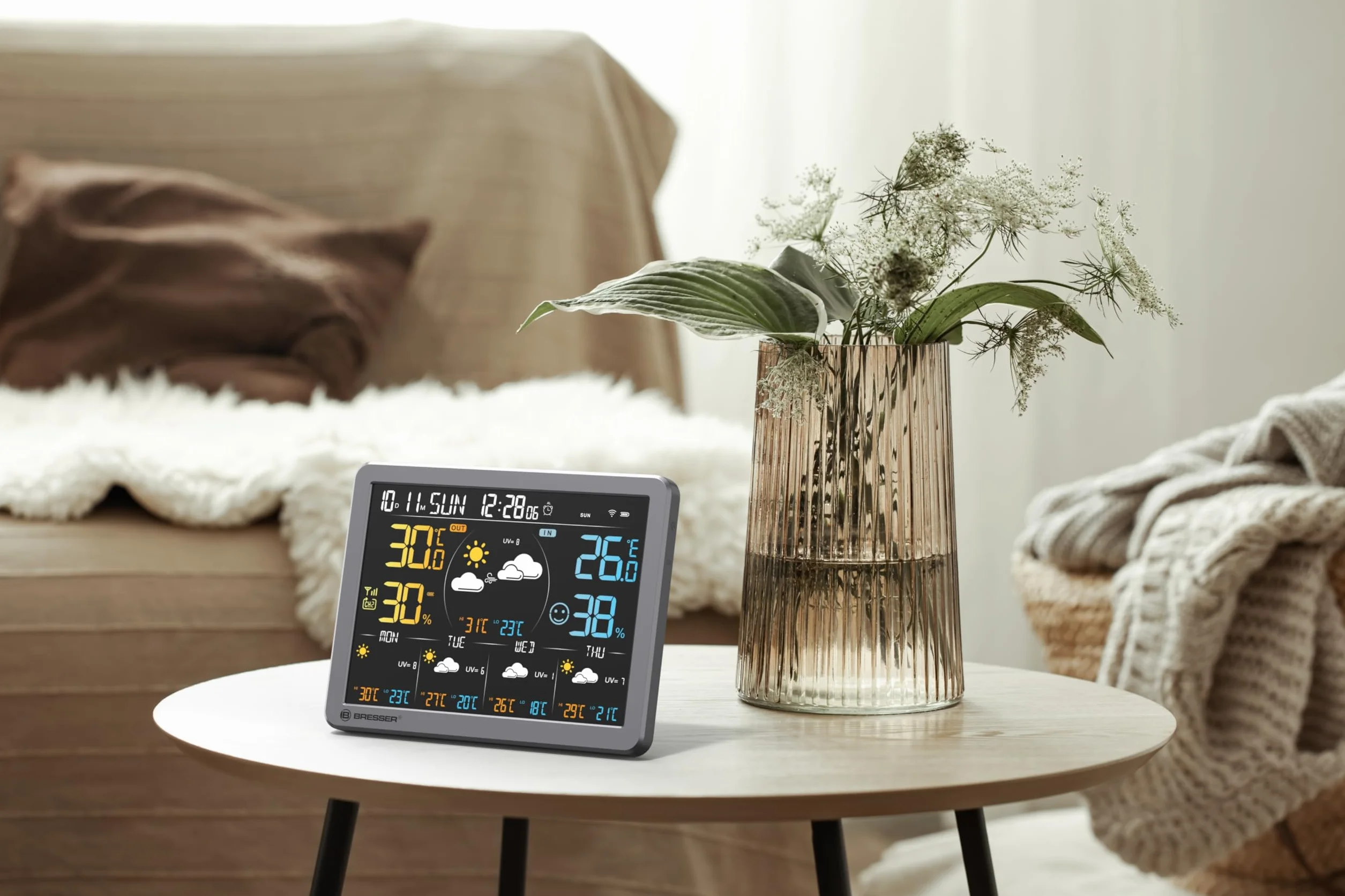 Bresser Stacja pogodowa Wi-Fi z aplikacją do Tuya Smart Home, 5-dniowa prognoza, termohigrosensor, przebieg, wskaźnik komfortu, budzik, funkcja ostrzegawcza