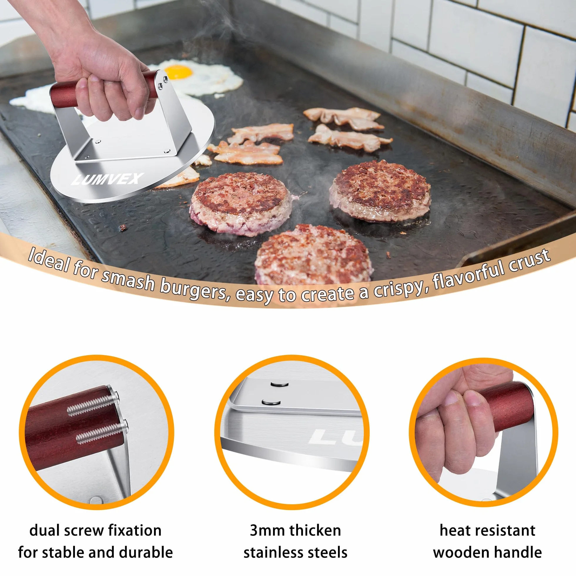 Prasa do Burgerów ze Stali Nierdzewnej 16 cm, Hamburgerów z Uchwytem Odpornym na Ciepło, do Grillowania