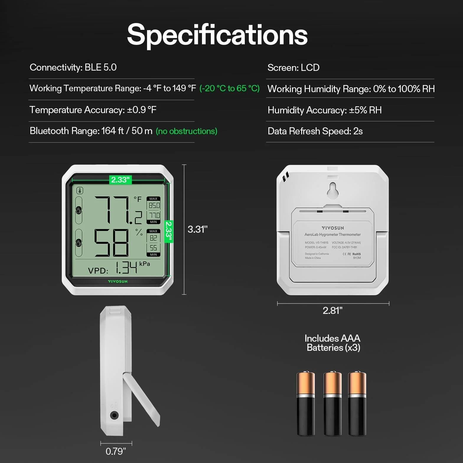 VIVOSUN AeroLab THB1 bezprzewodowy higrometr Bluetooth, inteligentny monitor temperatury, VPD, cyfrowy miernik wilgotności, zdalne sterowanie LCD, zapis danych, podwójne kanały, bateria w zestawie