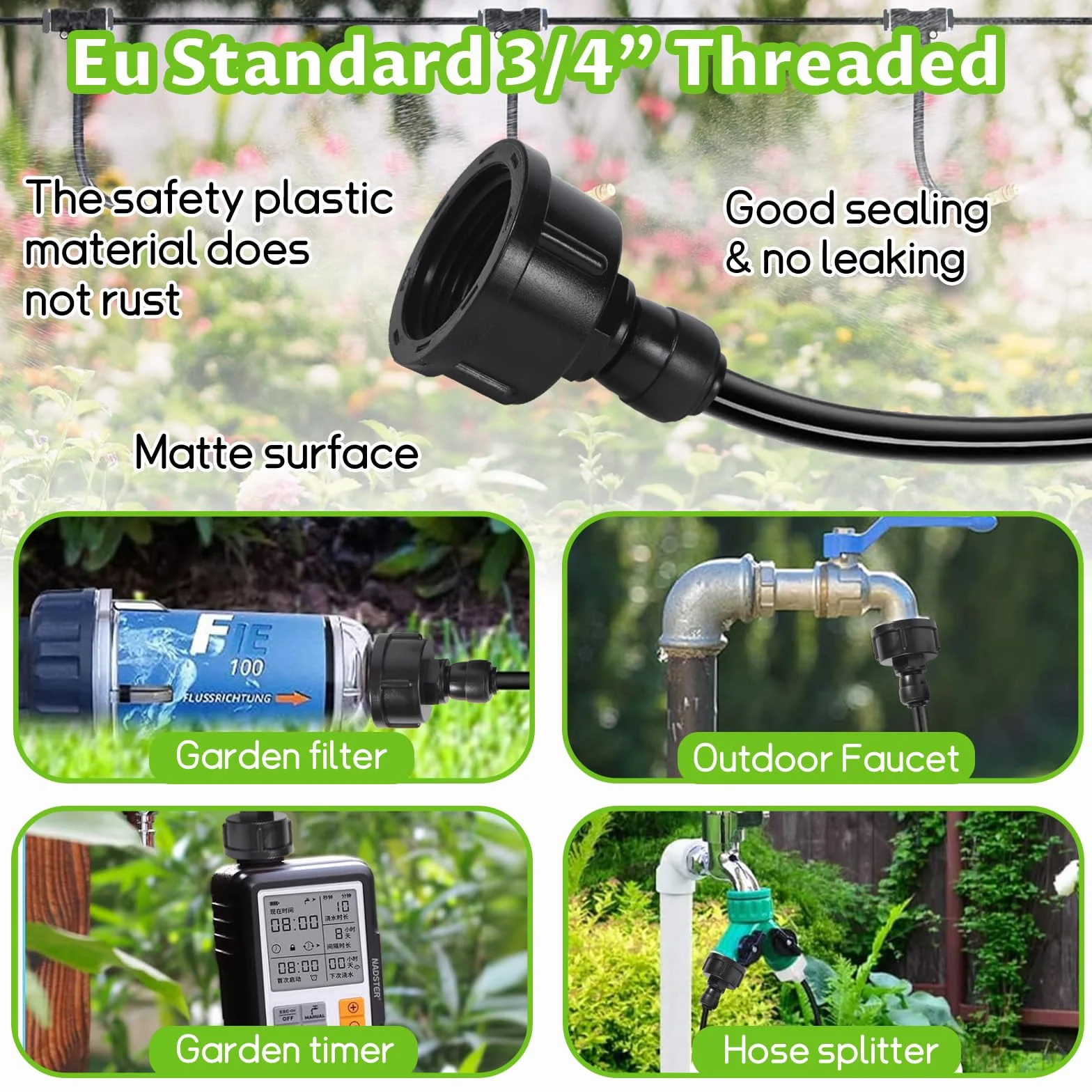 16M Outdoor Mister, 64 szt. Zestawy do nawadniania System zamgławiania z 18 dyszami do mgły ze złączem T + 1 adapter (mosiądz, 3/4") do imprez plenerowych, ogrodów