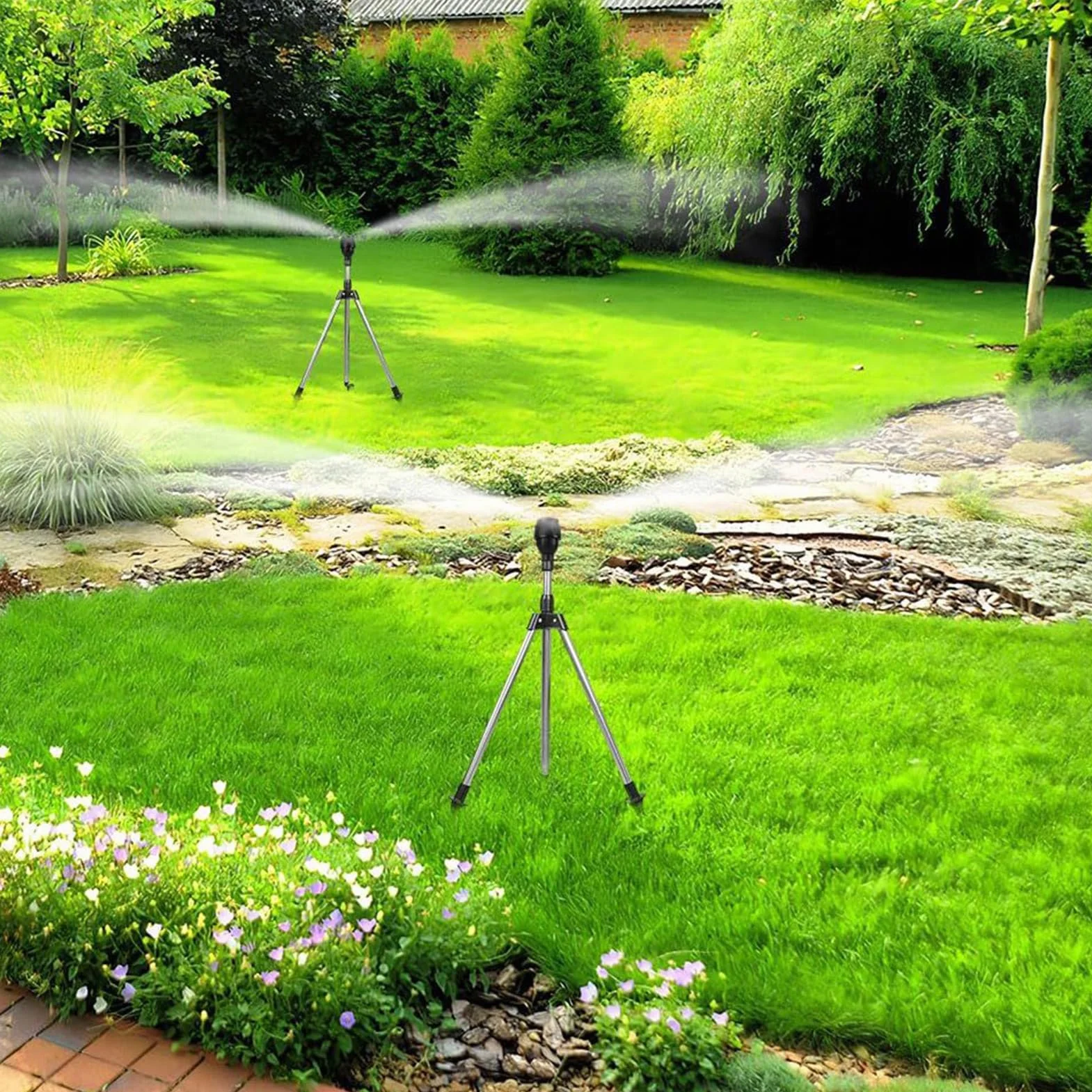 Sprinkler on Tripod, 360 Degree Large Area Irrigation Sprinkler with Adjustable Sprayer, Automatic Watering System for Outdoor Pathway Backyard Garden Farm Use