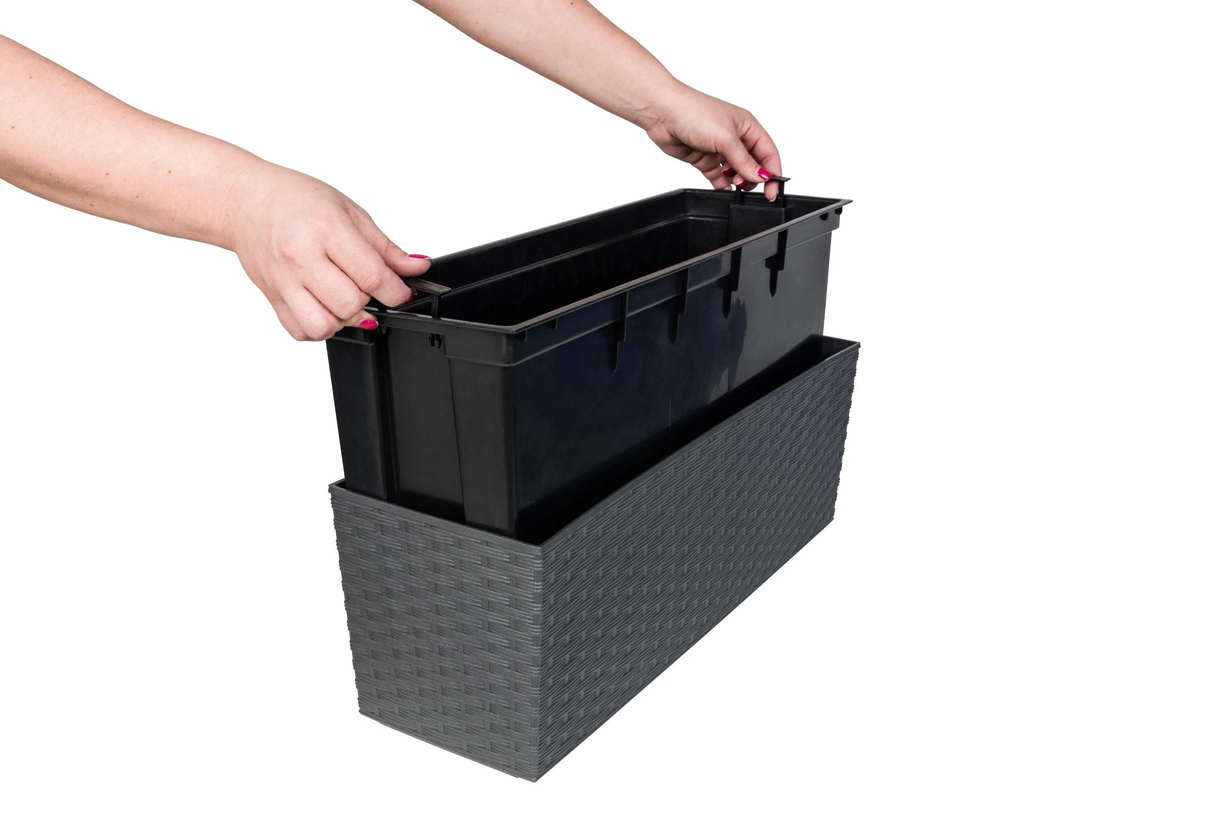 Kreher Skrzynka balkonowa XL ze zbiornikiem na wodę rattanowa antracytowa 56x18,5x19,5 cm