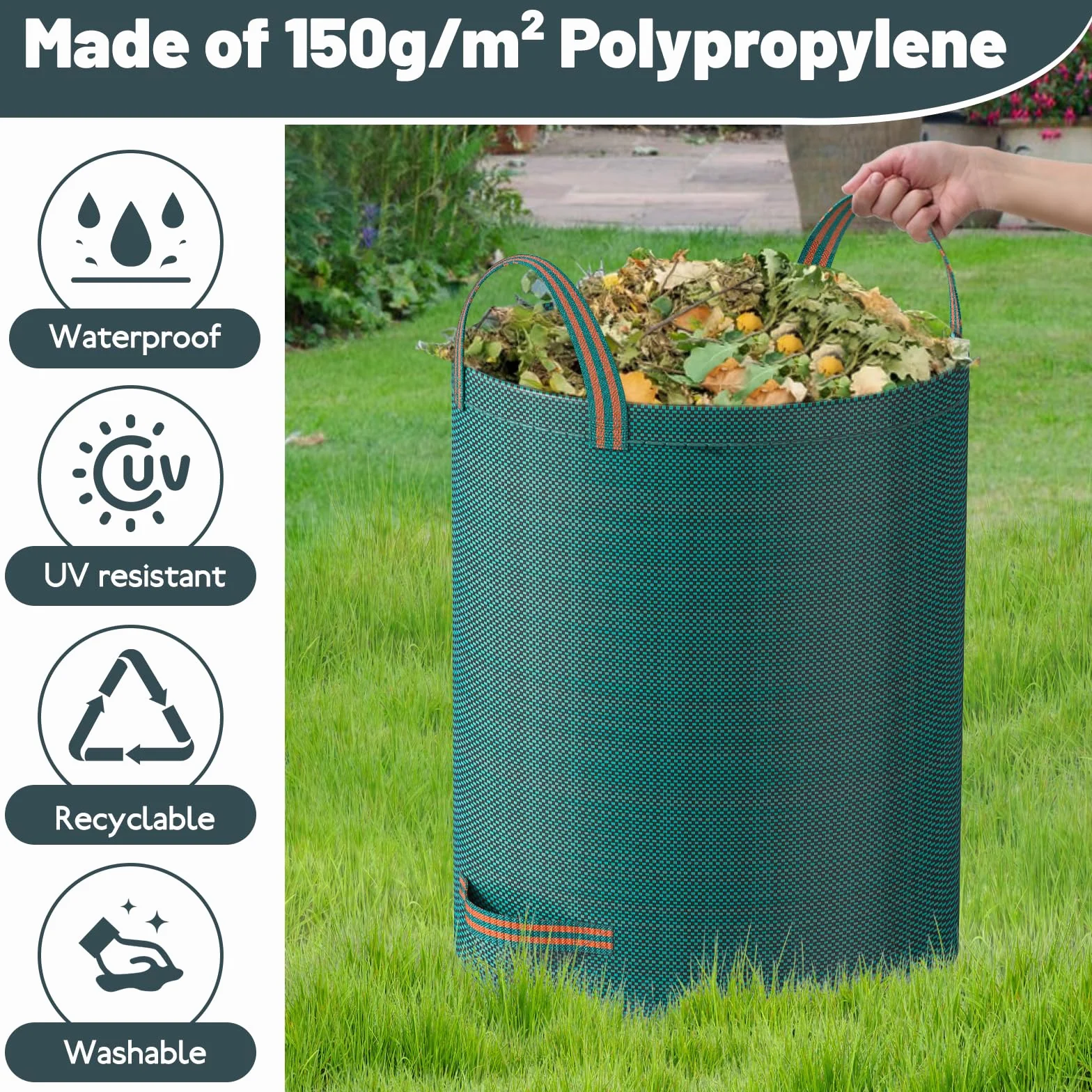 Mokani Worki na odpady ogrodowe, 500 l x 3 worki ogrodowe, wytrzymałe, z uchwytami, wielokrotnego użytku, składane torby kempingowe do recyklingu, na liście, śmieci, gruz, wodoodporne