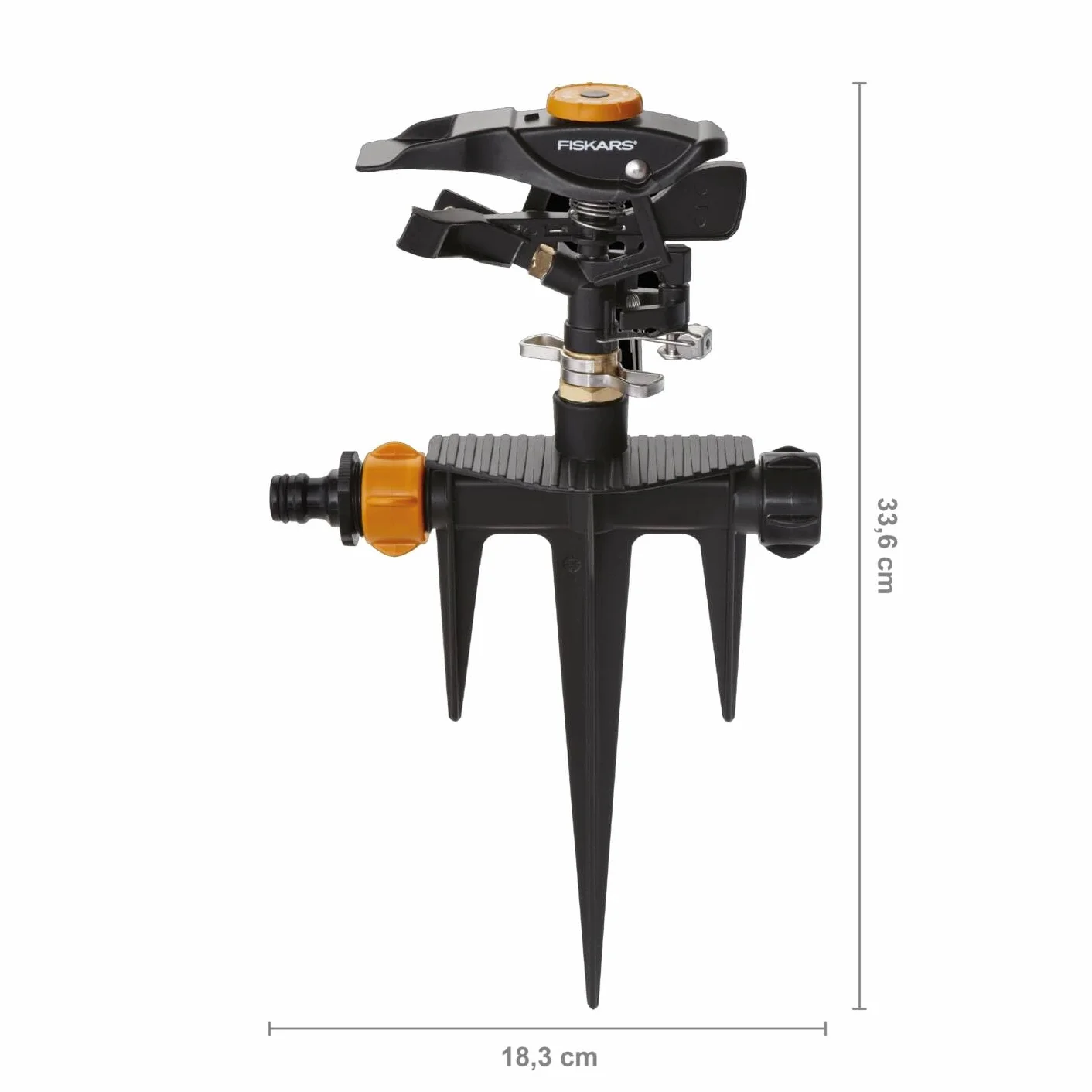 Fiskars Zraszacz pulsacyjny XL, Regulowane obroty, strumień i obszar nawadniania, Uniwersalny rozmiar, Obszar nawadniania o ø do 26 m, 466 g, Czarny/pomarańczowy, 1023658