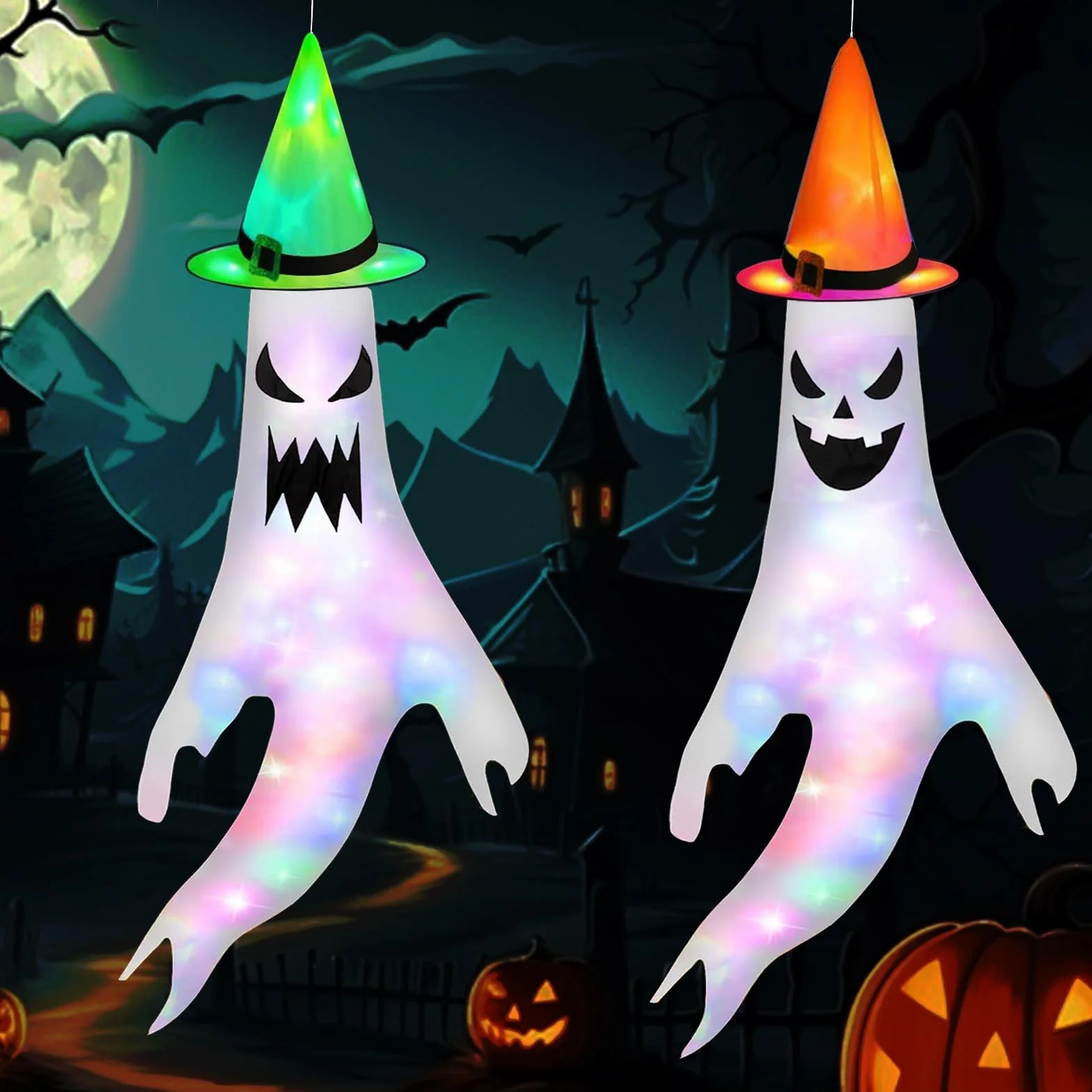 Ghost Windsocks - 2 szt. halloweenowe dekoracje ogrodowe ze światłem i kapeluszem czarownicy, wisząca flaga na podwórko do wewnątrz, patio, trawnik, nawiedzony dom, dekoracja na Halloween na zewnątrz