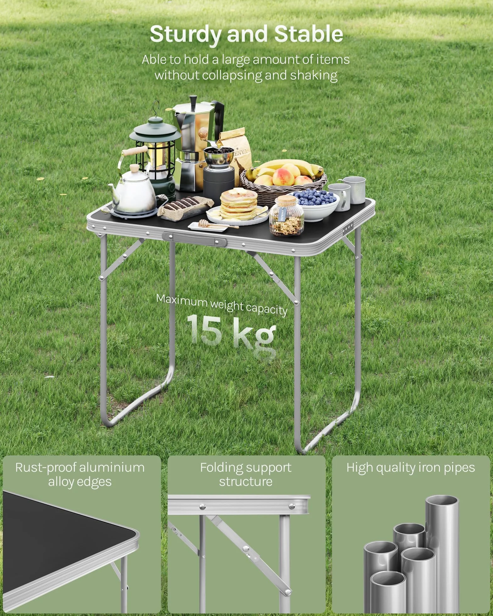 Woltu składany stół kempingowy, stół podróżny z uchwytem, 70 x 50 x 60 cm (dł. x szer. x wys.), składany, stół ogrodowy z aluminium i płyty MDF, na piknik, plażę, na świeże powietrze, czarny,