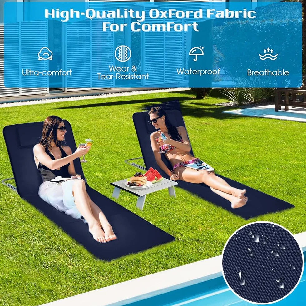 Leżak plażowy, składany, lekki, mata plażowa z regulowanym oparciem, przenośna leżanka na plażę, mata przeciwsłoneczna, składana, z torbą do przenoszenia i praktycznym schowkiem, na basen, plażę, do