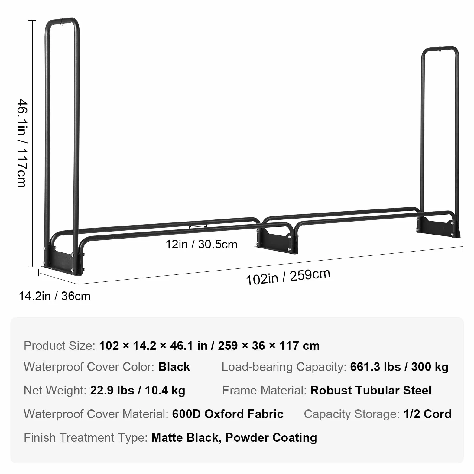 VEVOR Stojak na drewno opałowe 259 x 36 x 117 cm wodoodporny pokrywą 600D Oxford