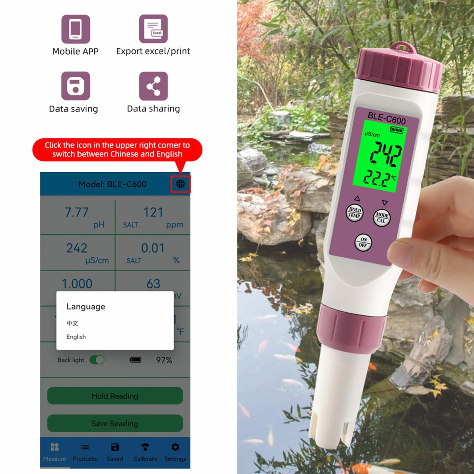 Miernik Cyfrowy BLE C600 i Zestaw do Badania Wody, Długopis do Testowania Jakości Wody, Inteligentny Tester PH Bluetooth z ATC, PH TDS EC ORP SG Miernik Temperatury Zasolenia