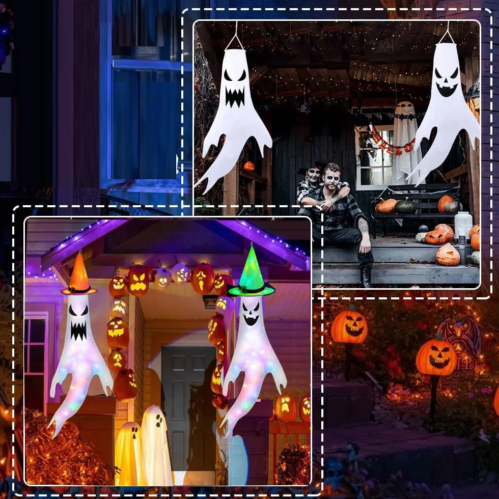 Ghost Windsocks - 2 szt. halloweenowe dekoracje ogrodowe ze światłem i kapeluszem czarownicy, wisząca flaga na podwórko do wewnątrz, patio, trawnik, nawiedzony dom, dekoracja na Halloween na zewnątrz