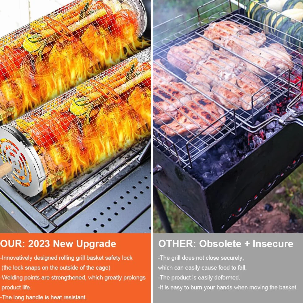 flintronic Koszyk do grilla z rolkami staliwadrowy ruszt do grillowania przenośny kempingowy okrągły akcesoria
