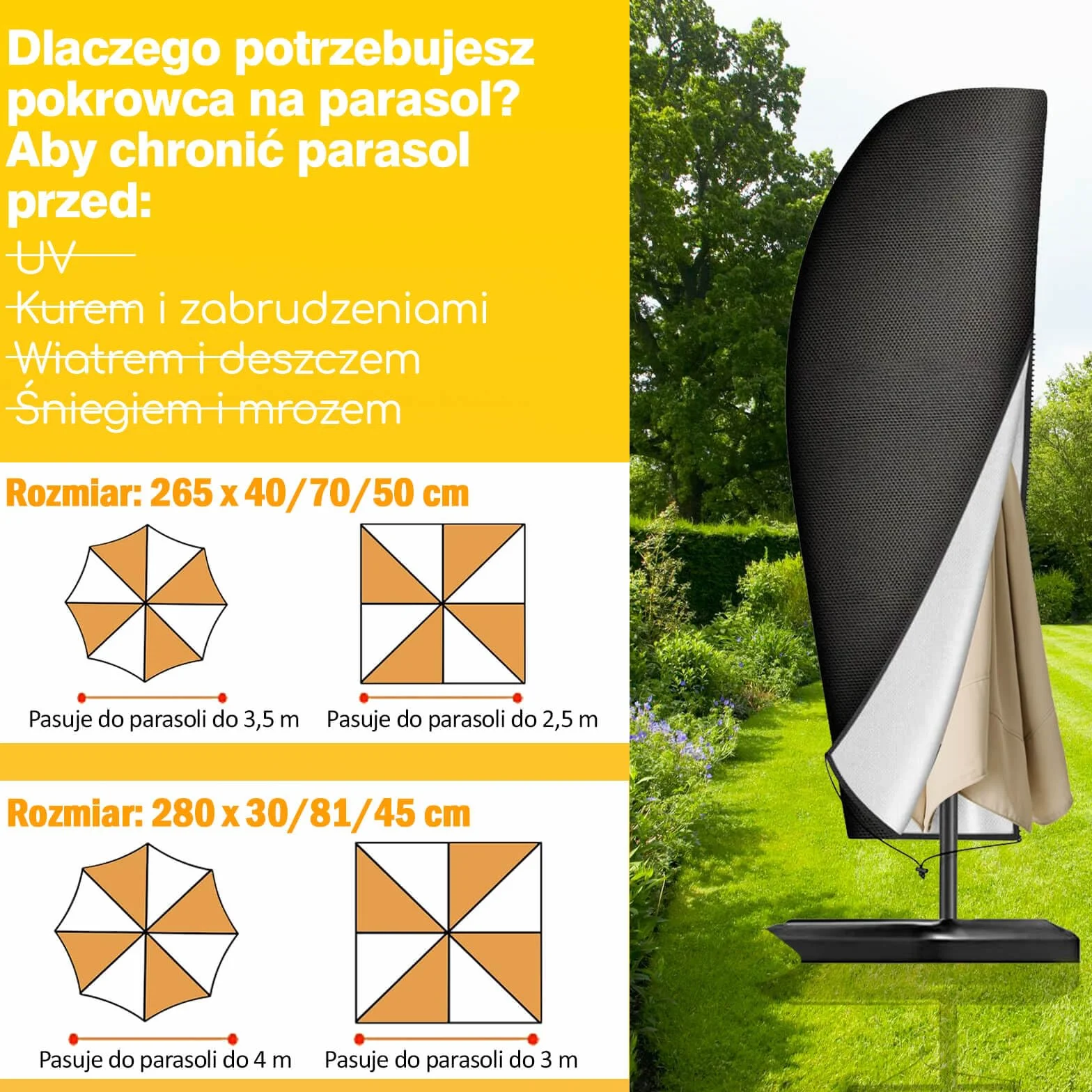 Reinalin Pokrowiec na parasol przeciwsłoneczny, wodoodporny, wiatroszczelny, odporny na działanie promieni UV, odporny na rozdarcia, pokrowiec ochronny na parasol przeciwsłoneczny (265 x 40/70/50cm)