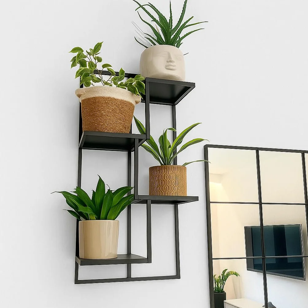 Naścienna Półka na Rośliny - Wiszący Stojak na Kwiaty - Wykonany z Metalu - Nowoczesny Dekor Ścienny do Salonu, Pokoju Nastolatka, Sypialni, Kuchni - 38x20x80cm - QUATTRO RIPIANI Czarny