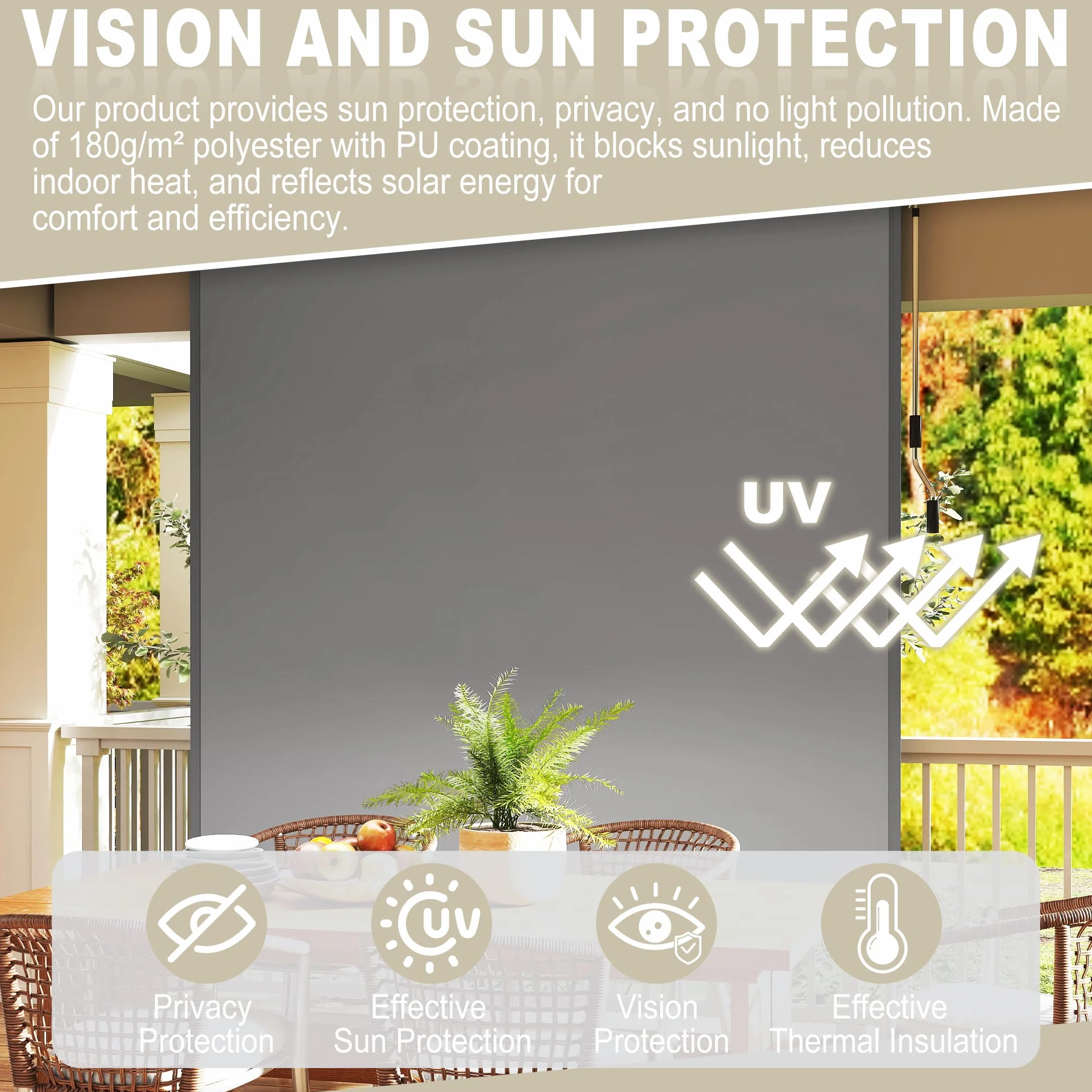 Aufun Markiza pionowa, wysuwana, 120 x 250 cm, ochrona przed wiatrem, aluminiowa, z korbą, ochrona przed słońcem, ochrona przed wzrokiem, na balkon, taras, do ogrodu, jasnoszara