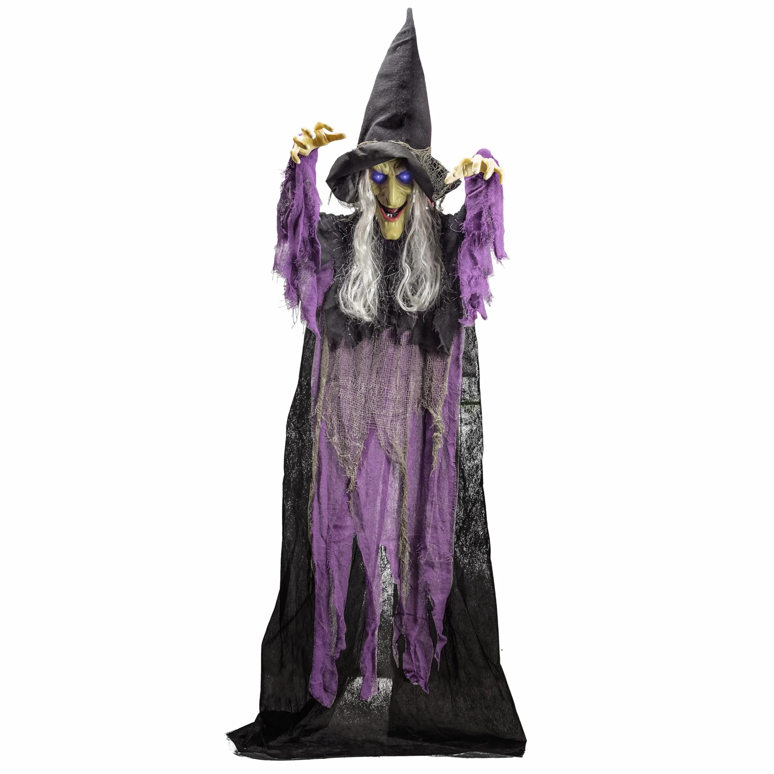 Wisząca animowana dekoracja w postaci mówiącej czarownicy, ze świecącymi oczami i funkcją aktywacji dźwiękiem, na Halloween, do nawiedzonego domu, na zewnątrz, do wewnątrz, 182,9 cm, kolor niebieski