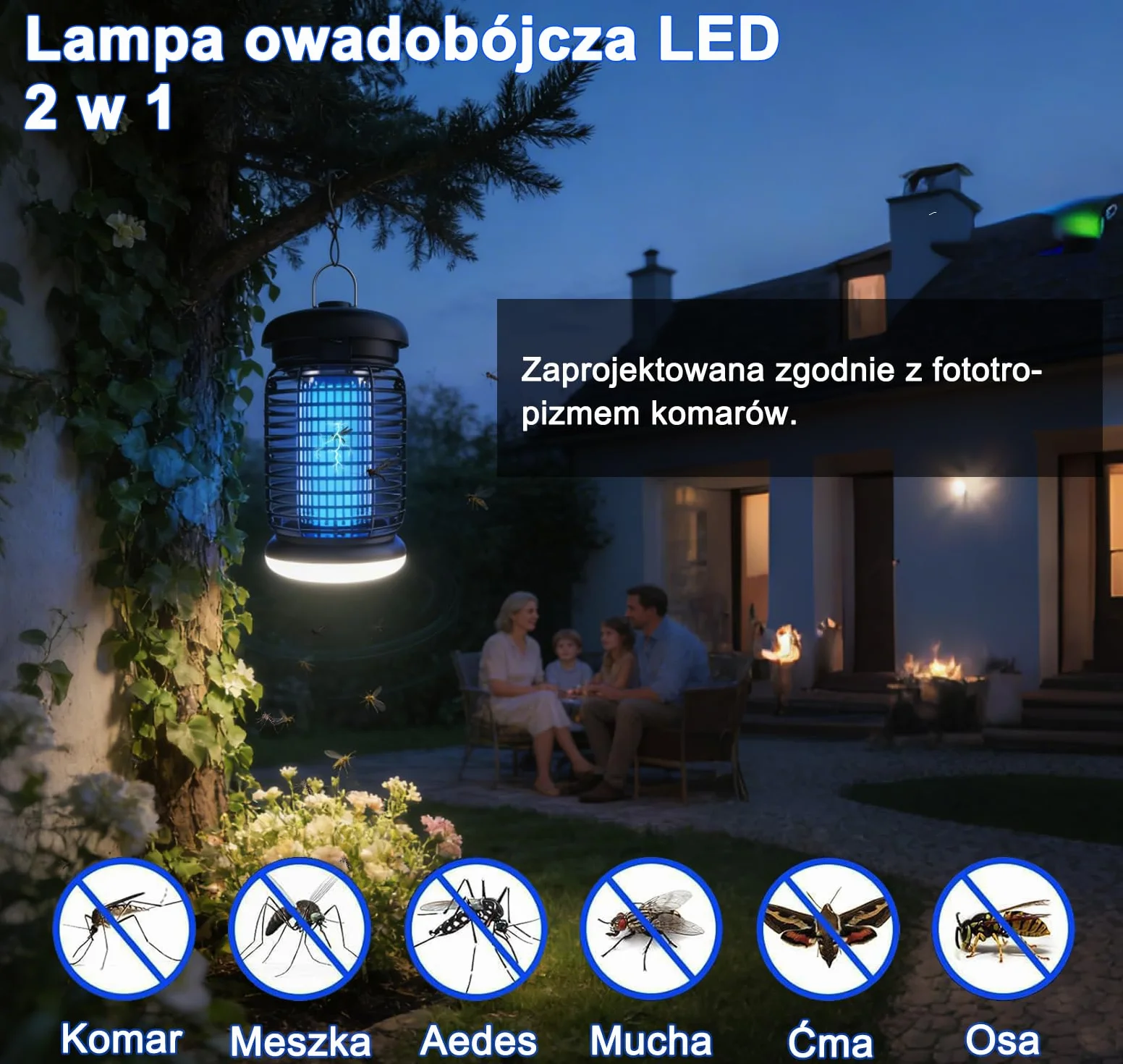 Lampa komarowa 4200V z oświetleniem LED - 3m kabel, Lampa owadobójcza 15W UV Wodoszczelna (IPX4), Elektryczny Zabójca Much, Urządzenie Przeciw Komarom