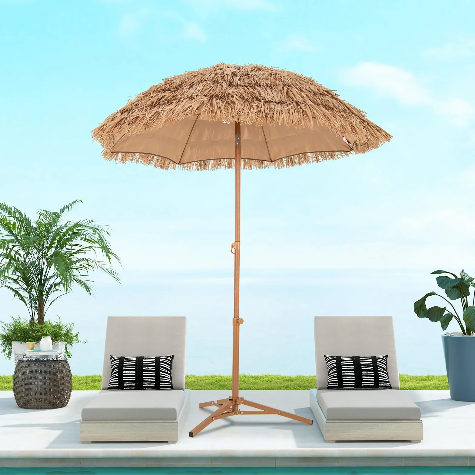 COSTWAY Hawajski parasol przeciwsłoneczny, słomkowy ze składanym stojakiem, parasol plażowy, możliwość przechylania słomy, parasol ogrodowy, parasol na taras, z torbą do przenoszenia, do ogrodu, na