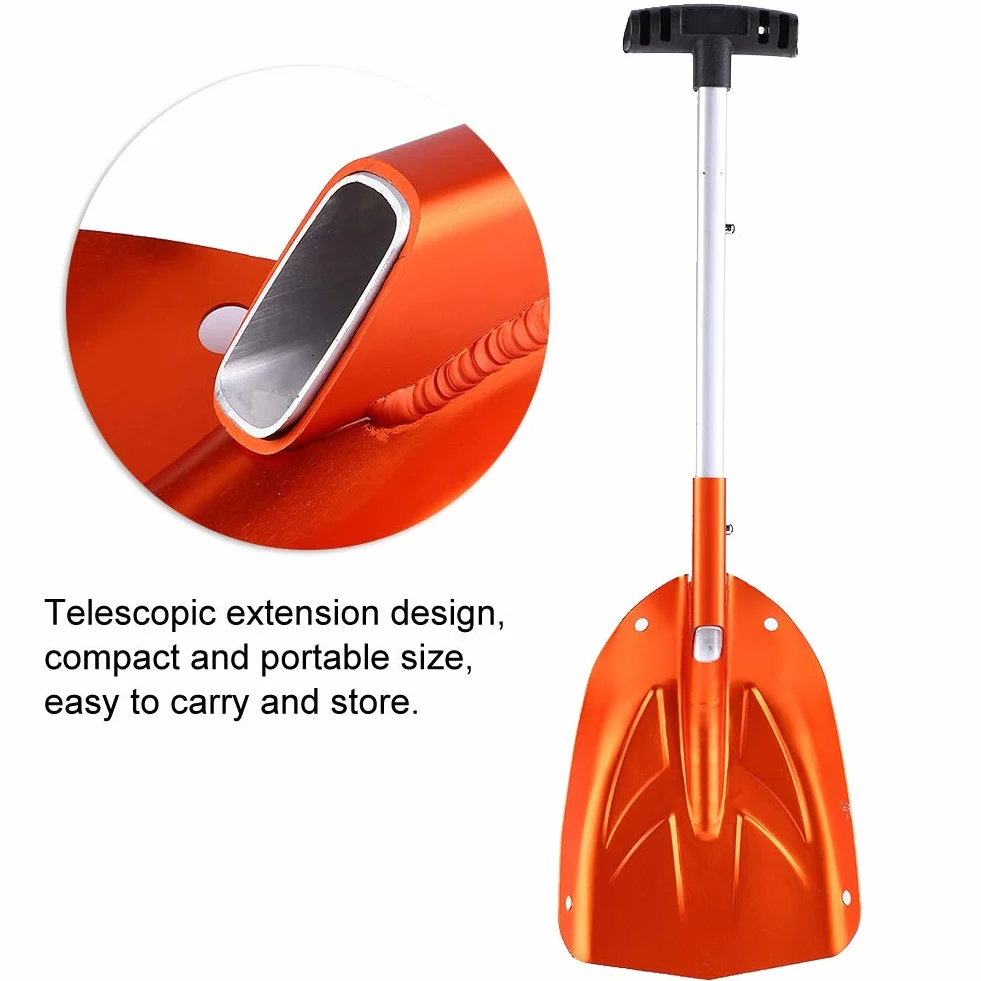 Łopata do śniegu ze Stopu Aluminium, łopata Awaryjna Narzędzie do Odśnieżania z Uchwytem Antypoślizgowym, długość Teleskopowa 44 Cm do Ogrodu Camping na Zewnątrz, Pomarańczowy