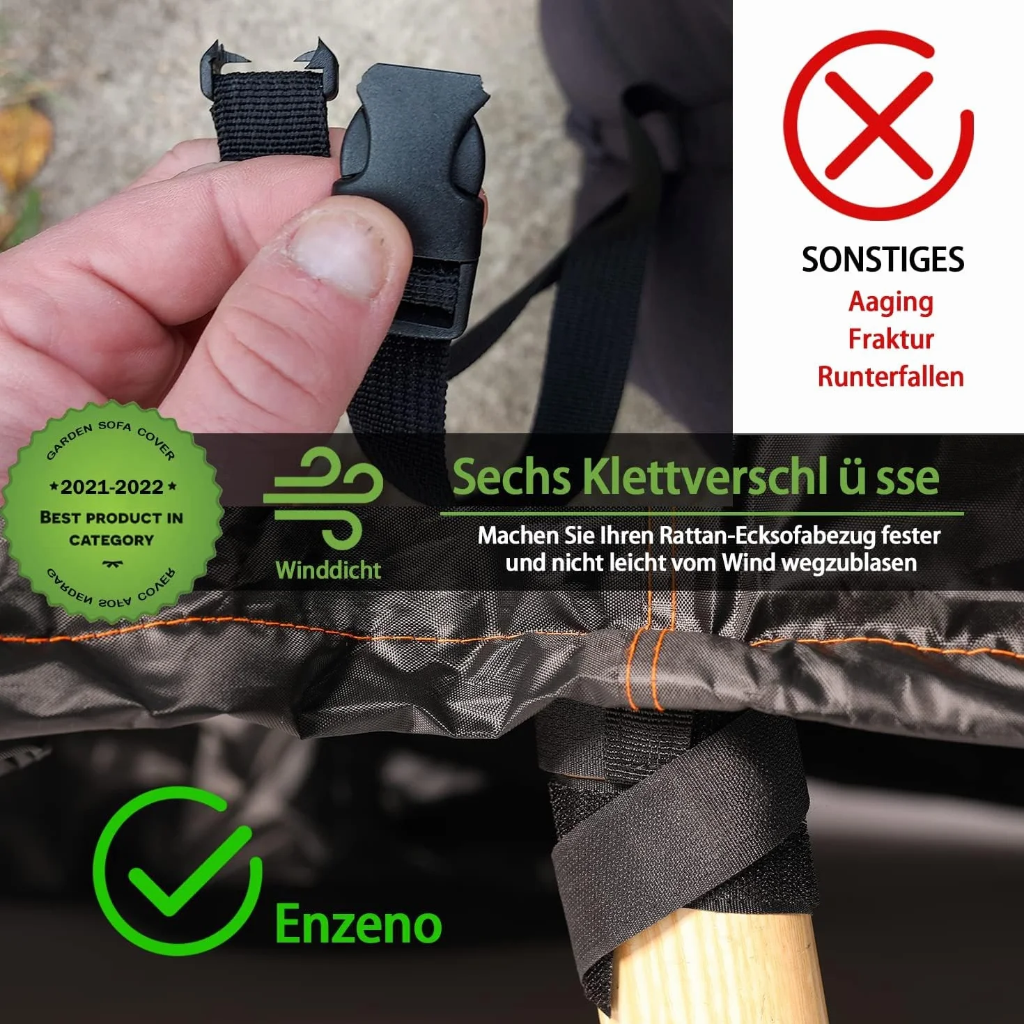 Enzeno Pokrowiec na meble ogrodowe w kształcie litery L (lewy, krótki, prawy, długi) pokrowiec na sofę narożną z wodoszczelnymi paskami, wodoszczelny pokrowiec na meble wypoczynkowe, 222 x 286 x 87 cm