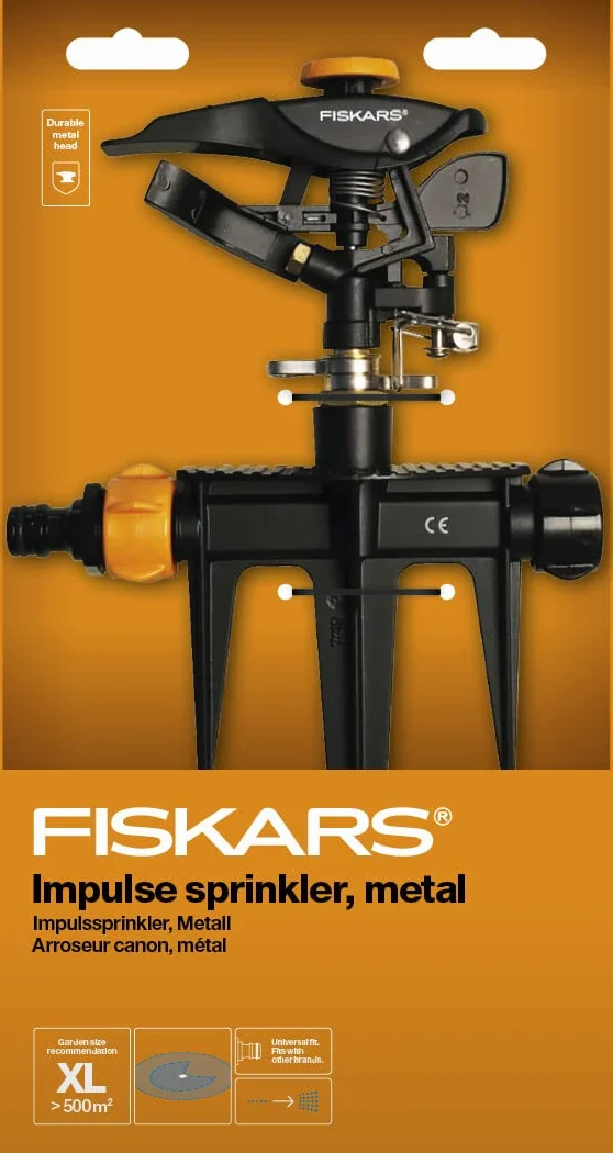 Fiskars Zraszacz pulsacyjny XL, Regulowane obroty, strumień i obszar nawadniania, Uniwersalny rozmiar, Obszar nawadniania o ø do 26 m, 466 g, Czarny/pomarańczowy, 1023658