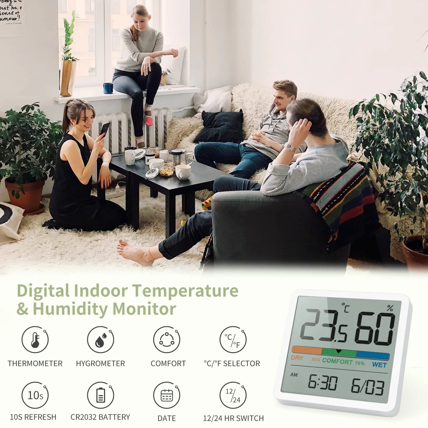 NOKLEAD cyfrowy termohigrometr, przenośny termometr z higrometrem, do wewnątrz, z wysoką dokładnością, temperatura i wilgotnościomierz, do kontroli klimatu wewnątrz (Biały)