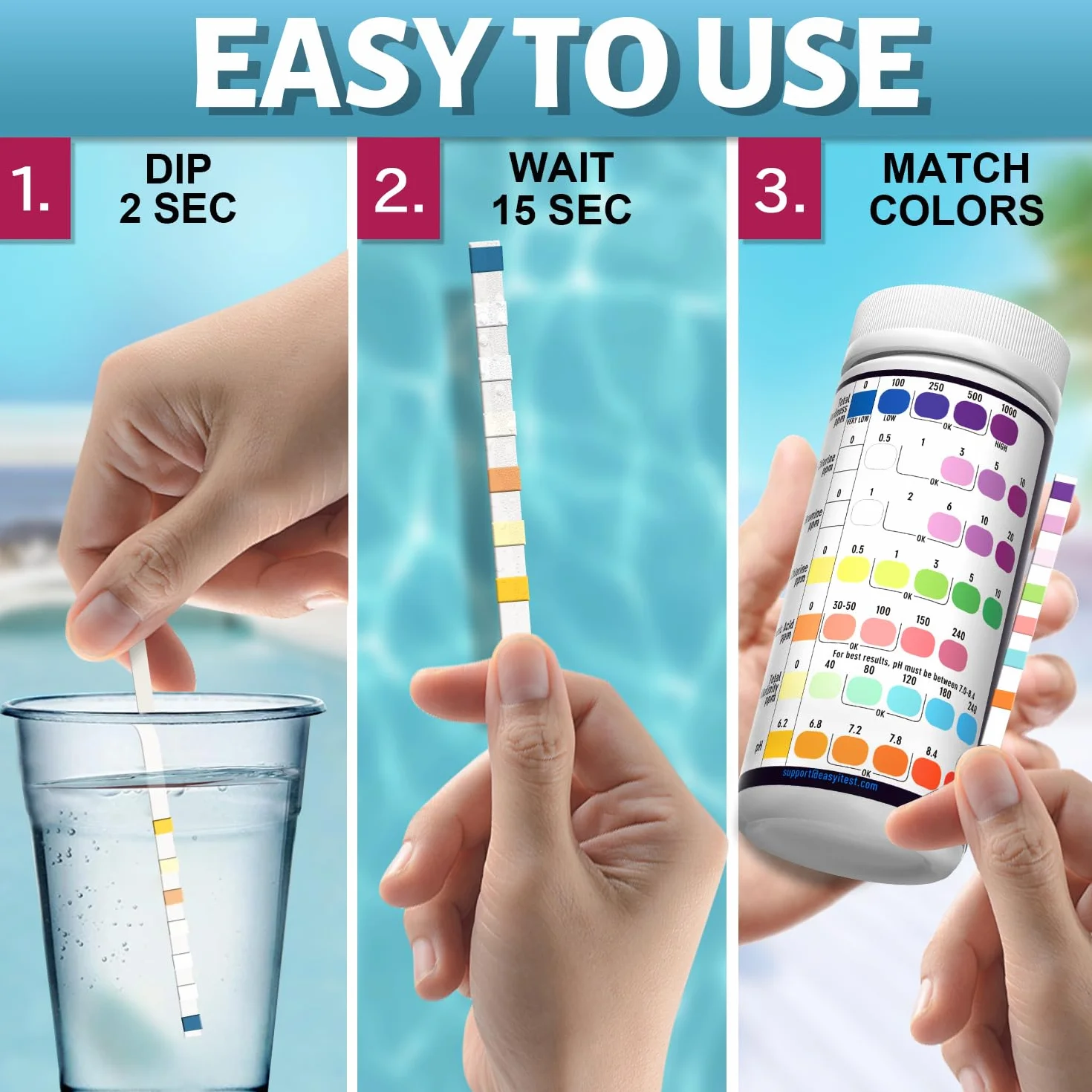EASYTEST 7-drożne paski testowe do basenu, 150 pasków, testowanie chemiczne wody do wanny z hydromasażem i spa, dokładny test bromu, zasadowość całkowita, pH, wolny chlor, twardość całkowita, kwas