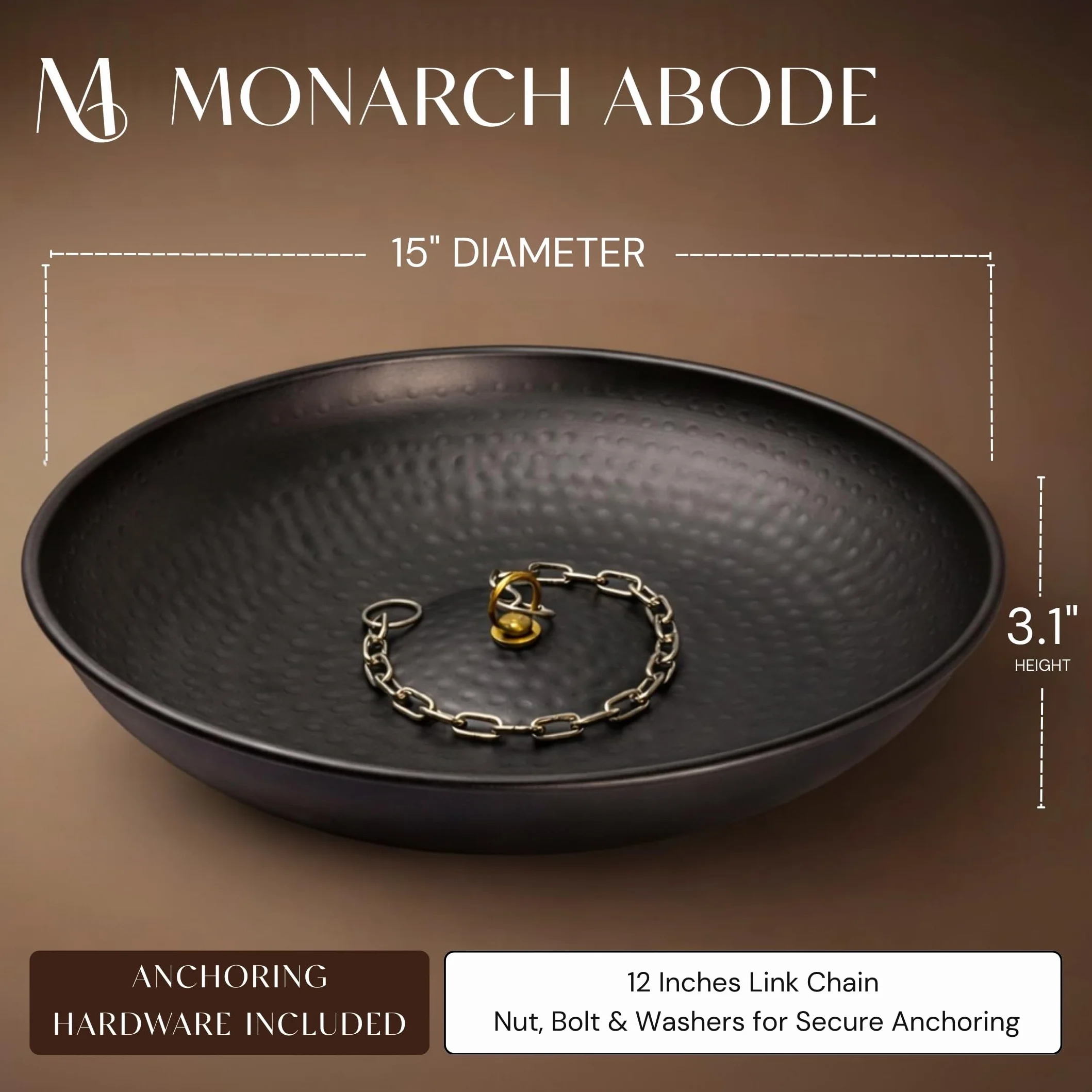 Monarch Rain Chains Umywalka 38 cm, ręcznie młotkowany, łańcuch deszczowy, rynny odpływowe, do ogrodu, trawnika i na patio, średnica 38 cm, czarny matowy