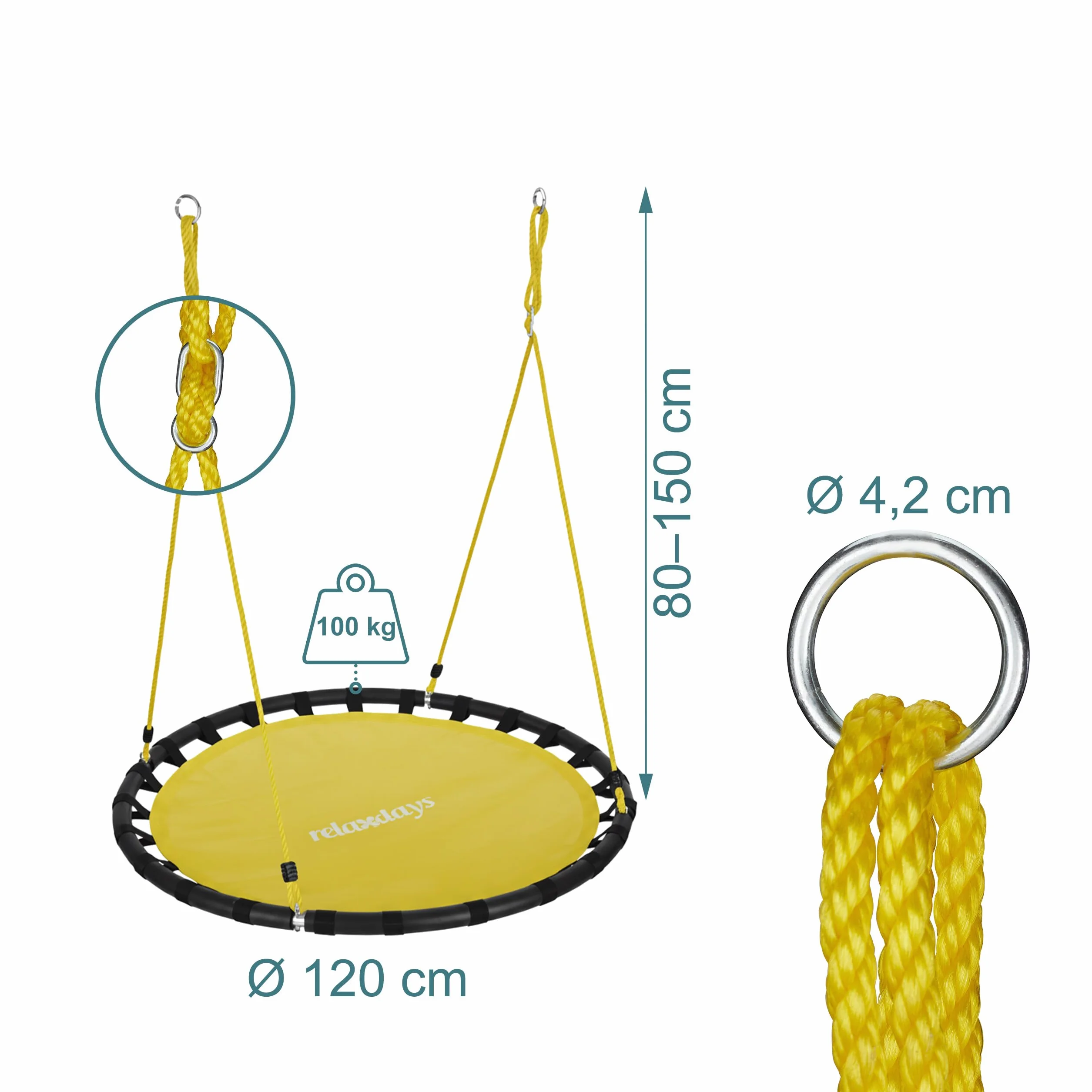 Relaxdays Okrągła huśtawka wisząca 120 cm do 100 kg żółta