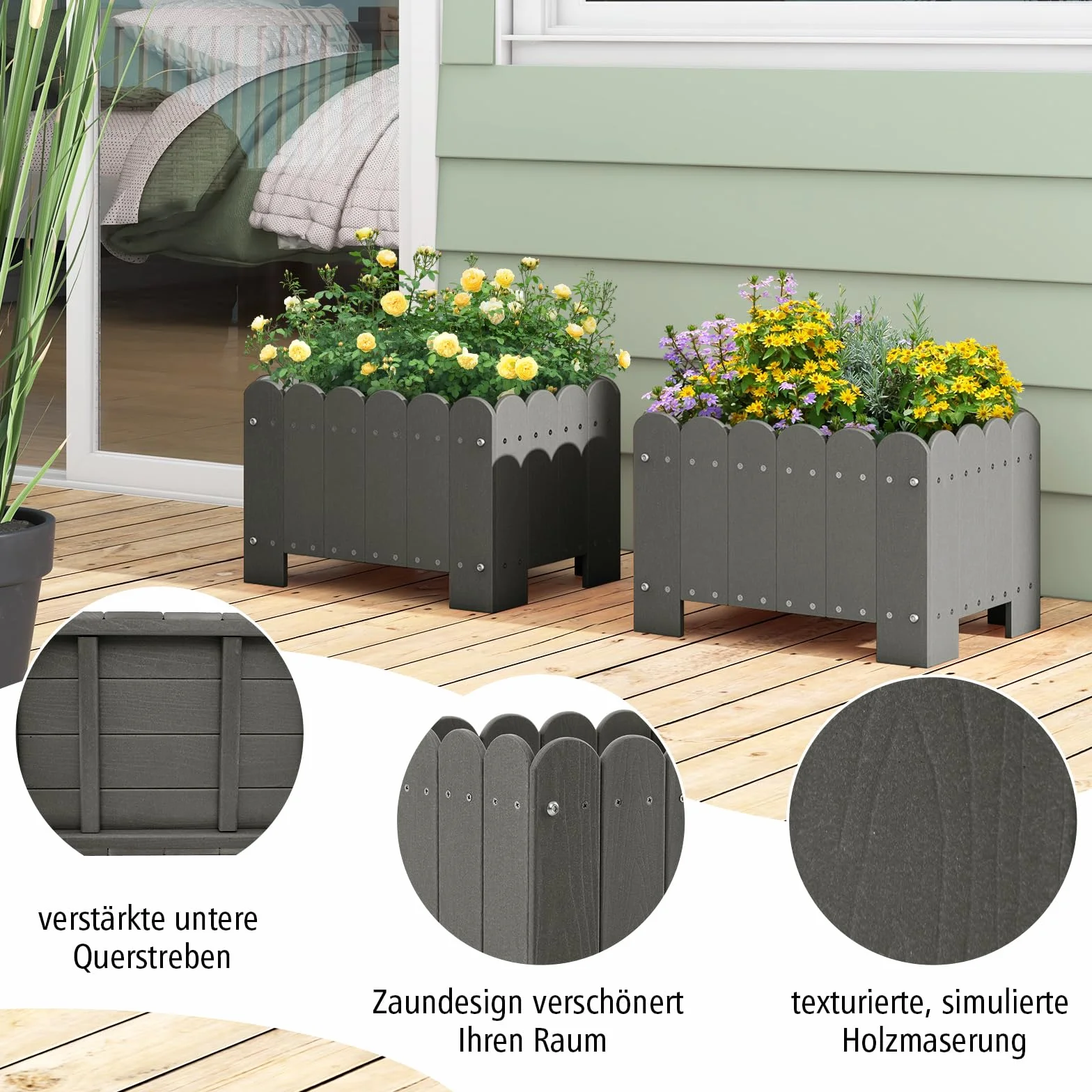 COSTWAY 2 donice na rośliny, odporne na warunki atmosferyczne, HDPE, prostokątna skrzynka na kwiaty z otworami odpływowymi, podwyższona grządka na rośliny, skrzynka na rośliny (45 x 32 x 30 cm, szara)