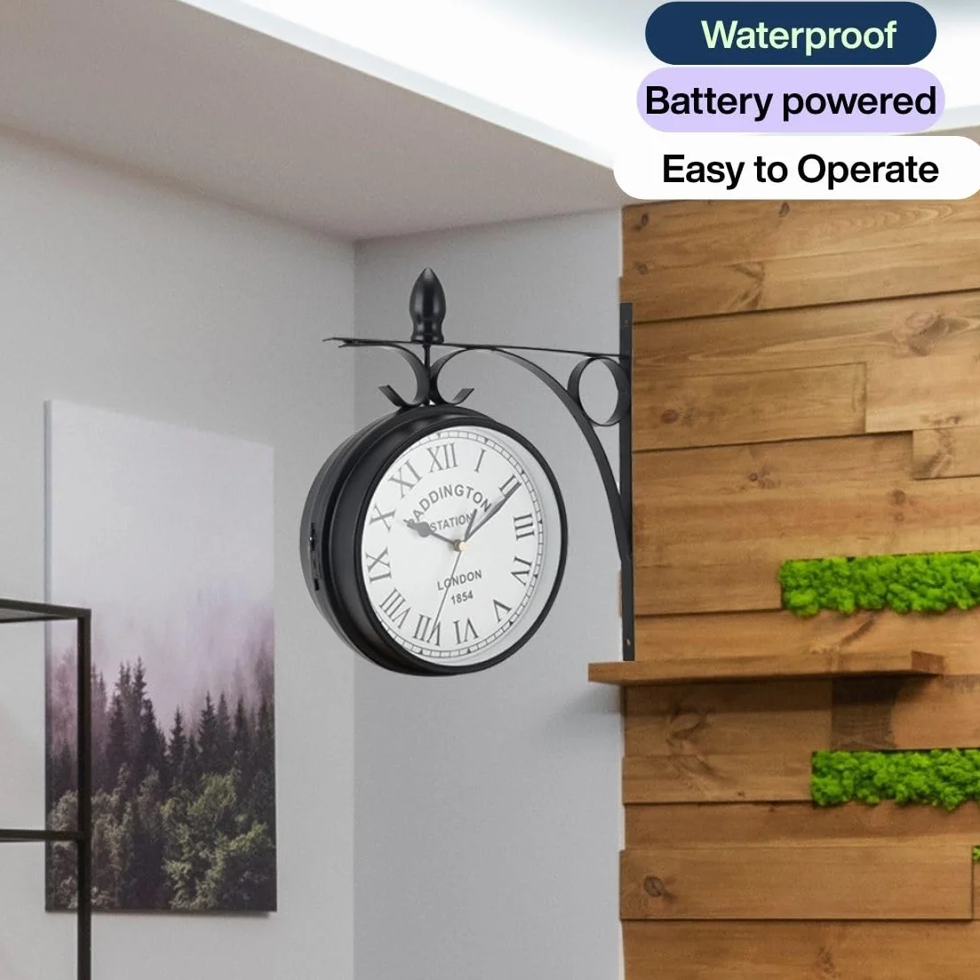 JHY DESIGN Dwustronny zegar 21 cm, metalowy zegar dworcowy, wodoszczelny, wiszący zegar w stylu retro, okrągły zegar dekoracyjny z uchwytem ściennym do pokoju, domu, na zewnątrz