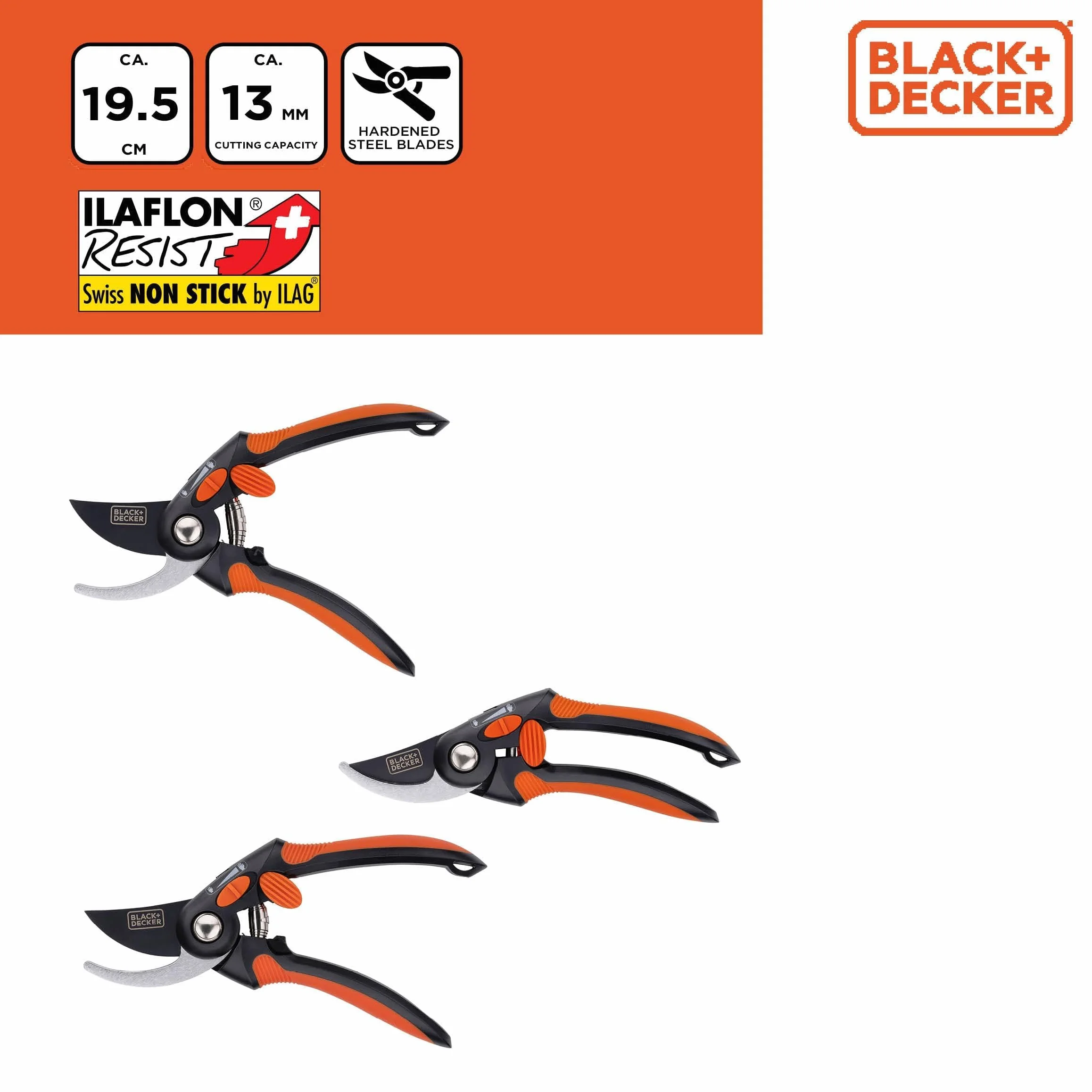BLACK+DECKER Bypass sekator ogrodowy – wysokiej jakości stalowe ostrza – nożyce do gałęzi z ergonomicznym uchwytem – nożyce do przycinania drzew o pojemności 13 mm – czarne/pomarańczowe